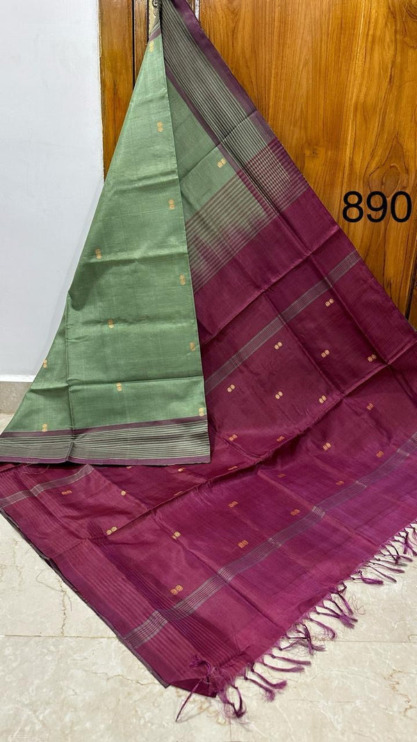 HANDLOOM BANANA PITH SILK SAREE - PASTEL GREEN & VIOLET