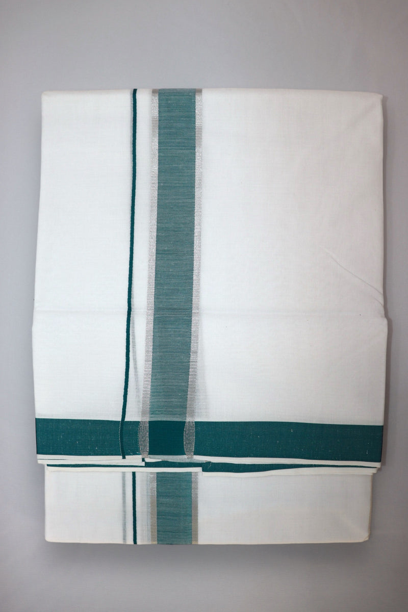 MEN'S DOUBLE DHOTI WHITE WITH FANCY BORDER - TEAL & SILVER