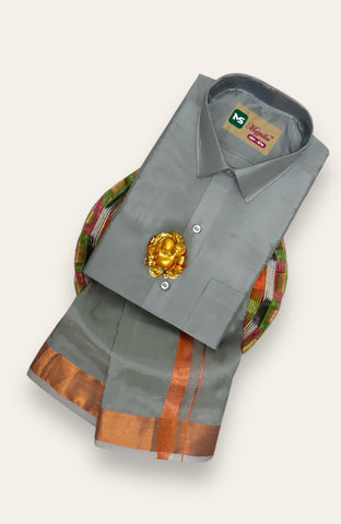 MEN'S PREMIUM SILK VELCRO DHOTI SHIRT SET - STEEL GREY