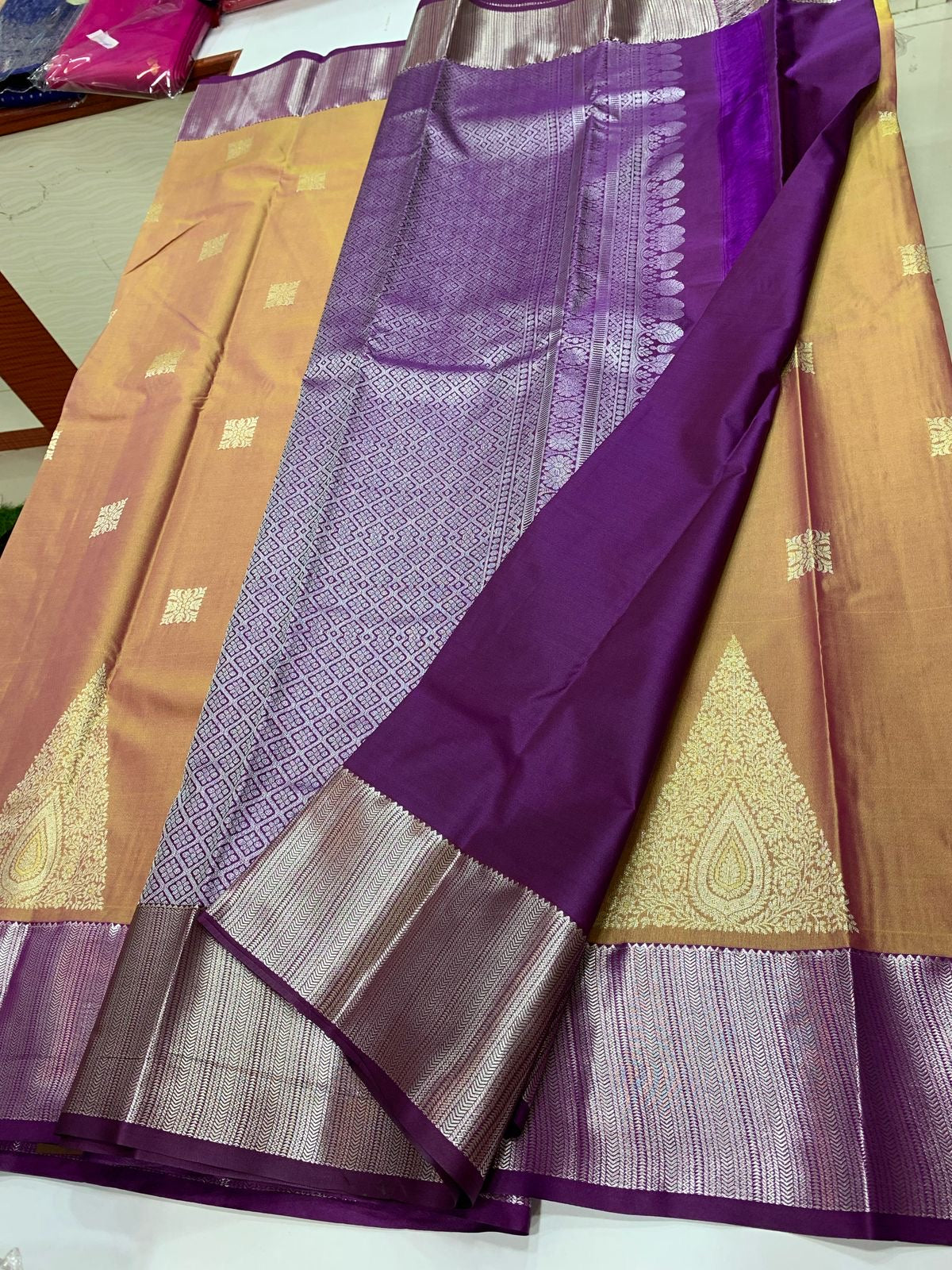 SEMI KANCHI SILK SAREE - PEACH GOLD & PURPLE