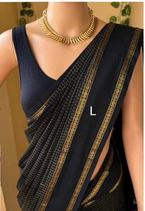 PREMIUM CHECKED COTTON SAREE - BLACK