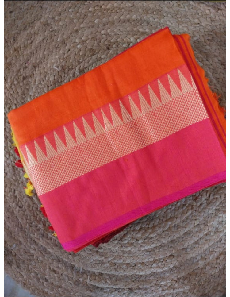 SOFT KHADI SAREE,TEMPLE BORDER - ORANGE