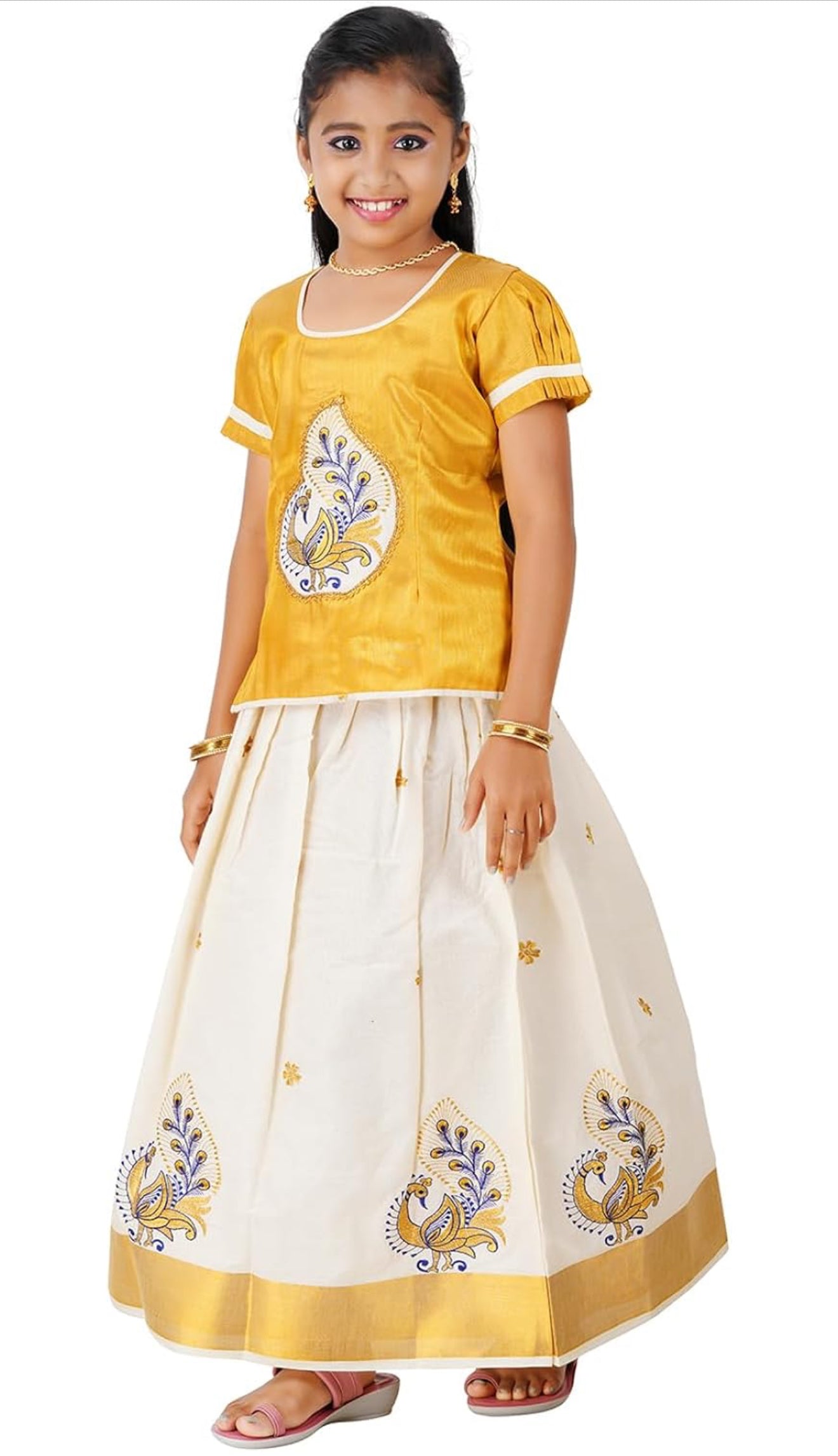 KIDS GIRL'S PATTU PAVADAI - GOLD & CREAM