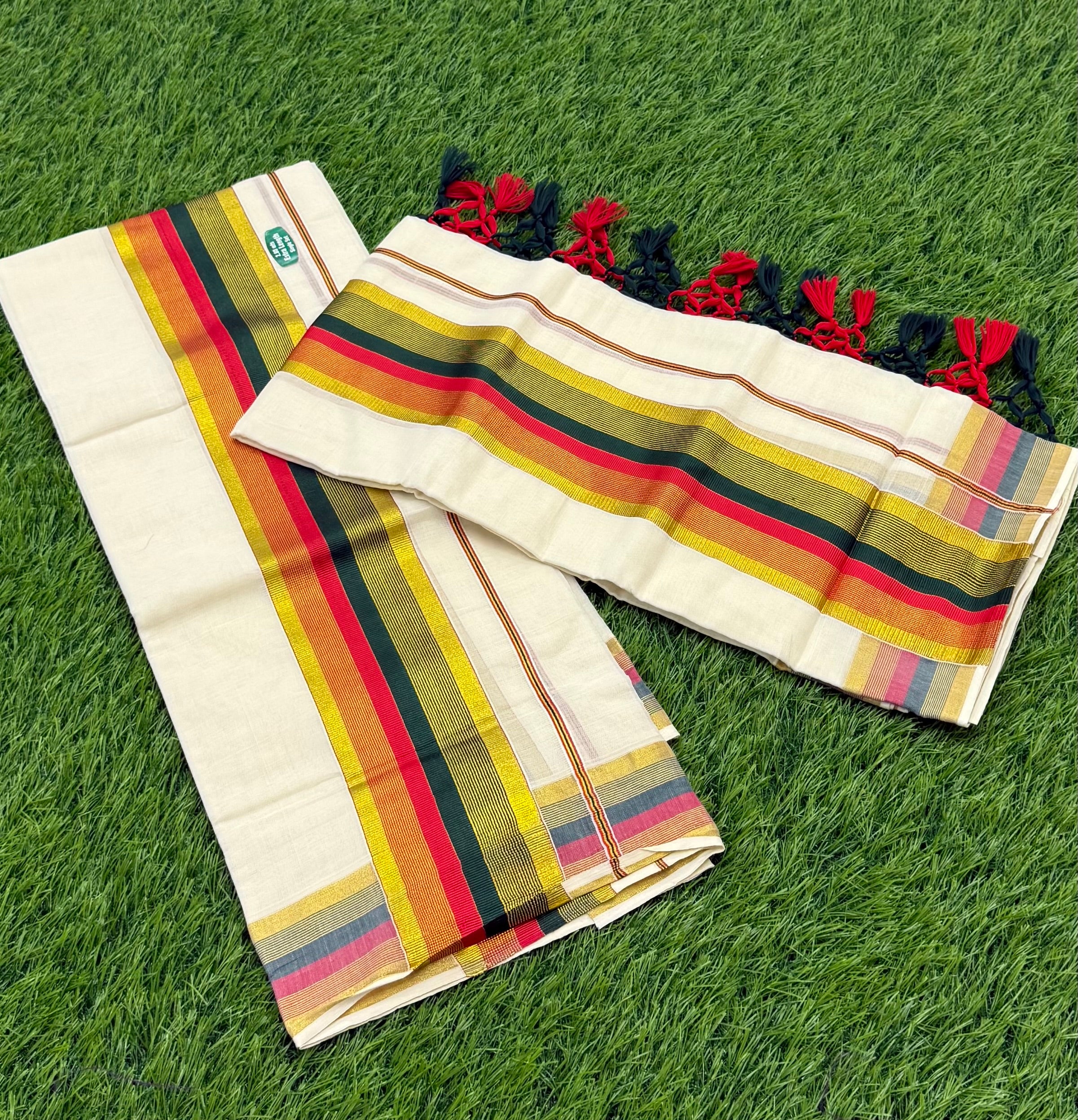 KASAVU COTTON STRIPE PATTERN SINGLE SET MUNDU (MUNDUM NERIYATHUM) - 2 X 2.80 MTRS - (OFF WHITE)