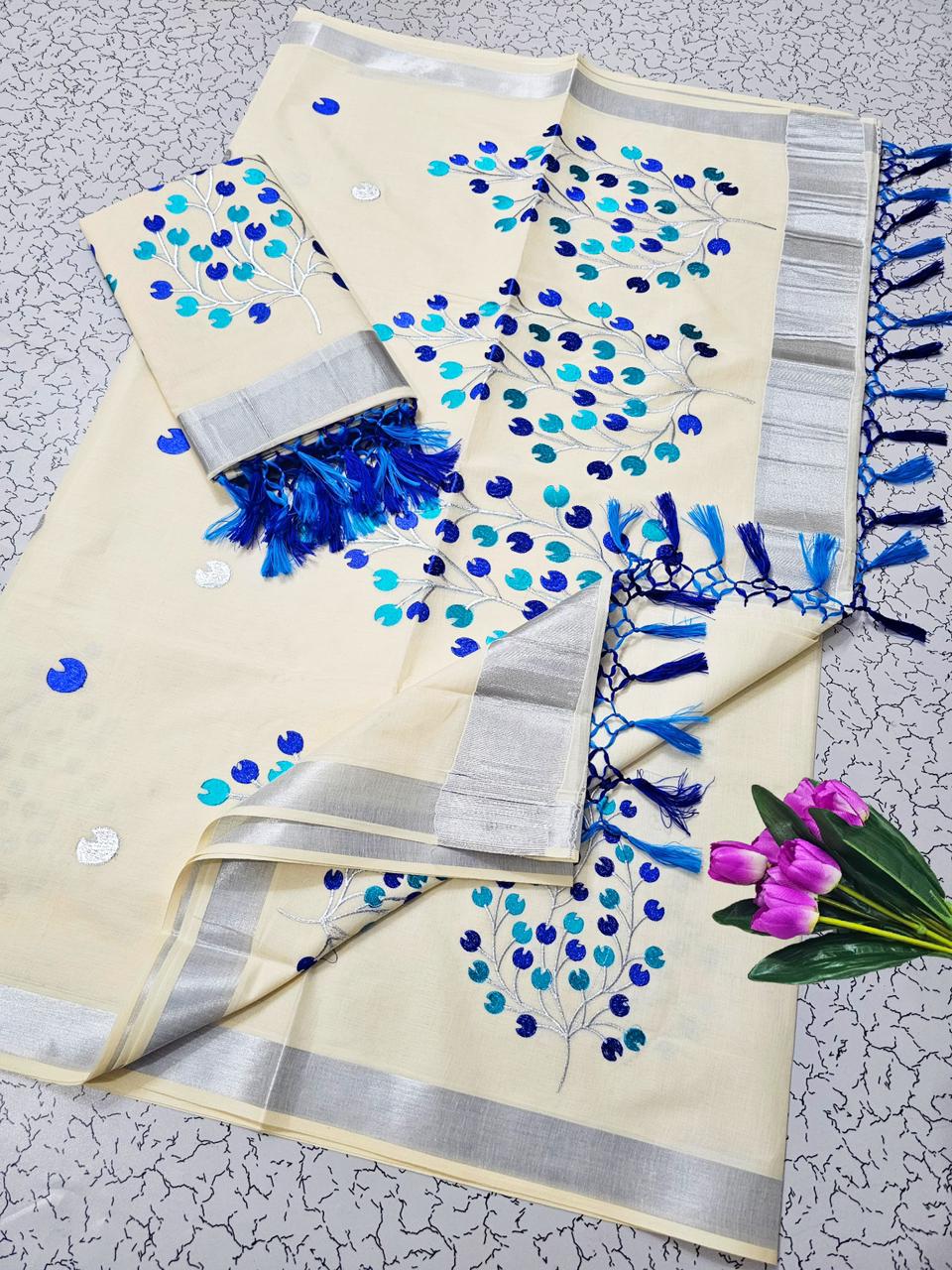 KERALA KASAVU EMBROIDERED COTTON SAREE - SILVER