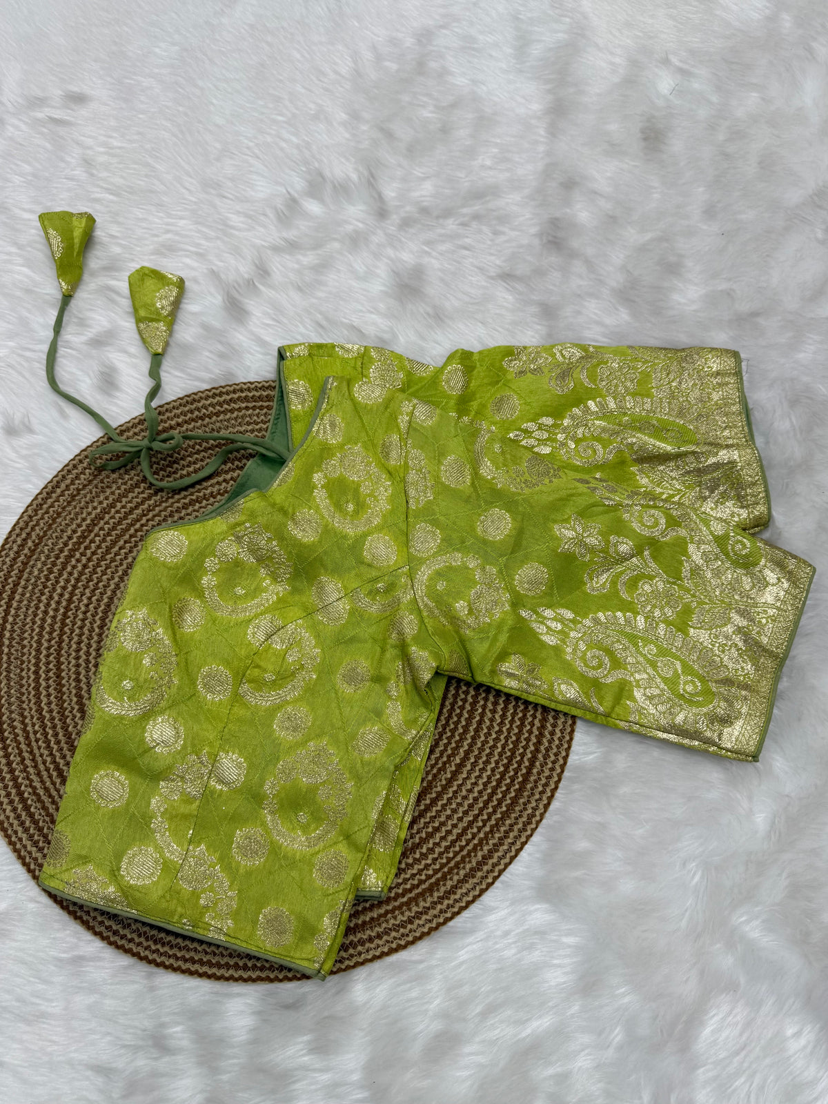 DESIGNER BROCADE WORK READYMADE BLOUSE - LIME GREEN