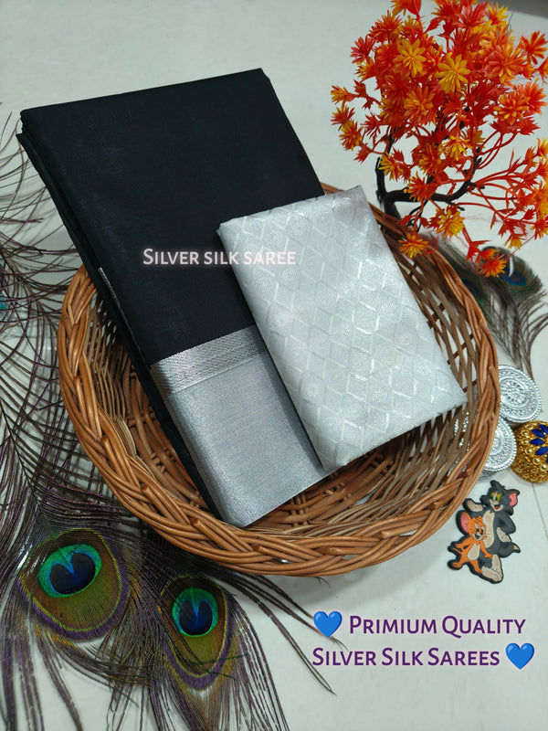 SILVER BORDER PLAIN SILK COTTON SAREE - BLACK