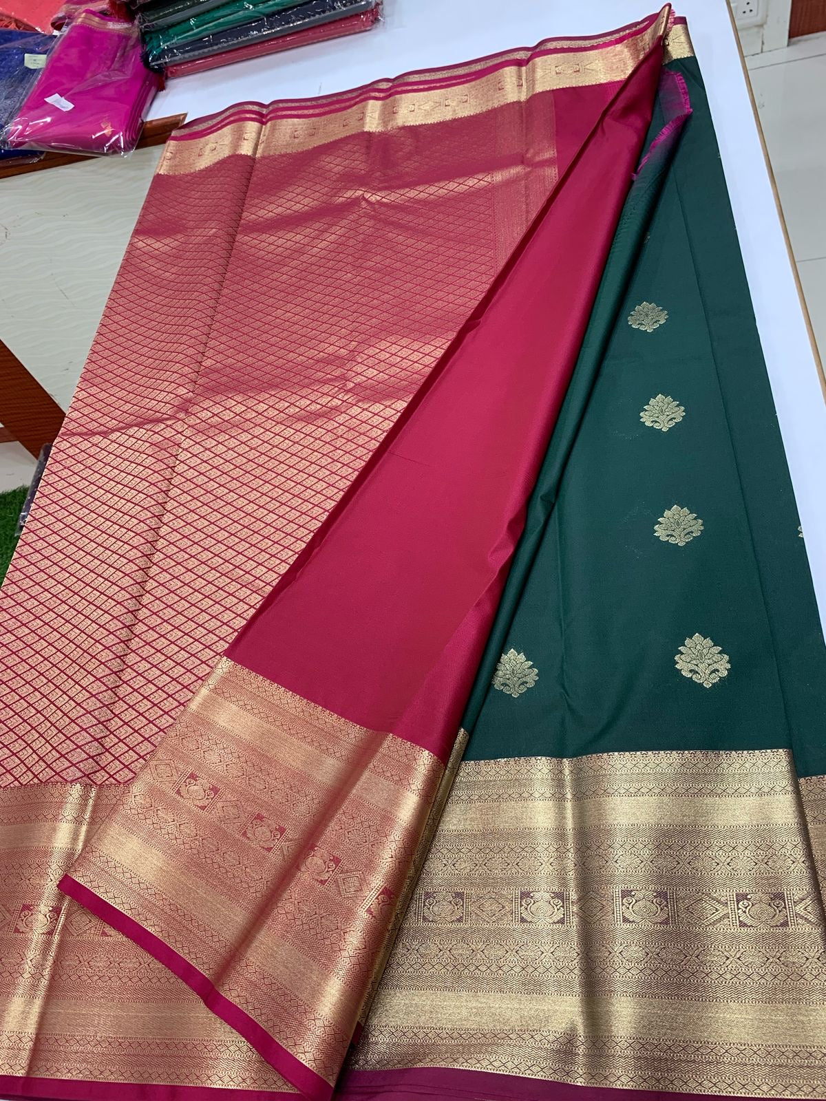 SEMI KANCHI SILK SAREE - PHTHALO GREEN & RED