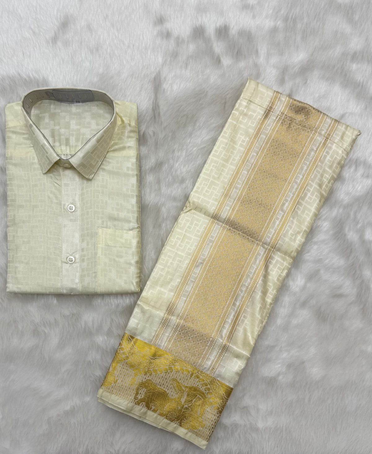 CREAM COLOURED SEMI SILK WEDDING SHIRT, DHOTI, FEATURING A GOLD ZARI BORDER - VELCRO