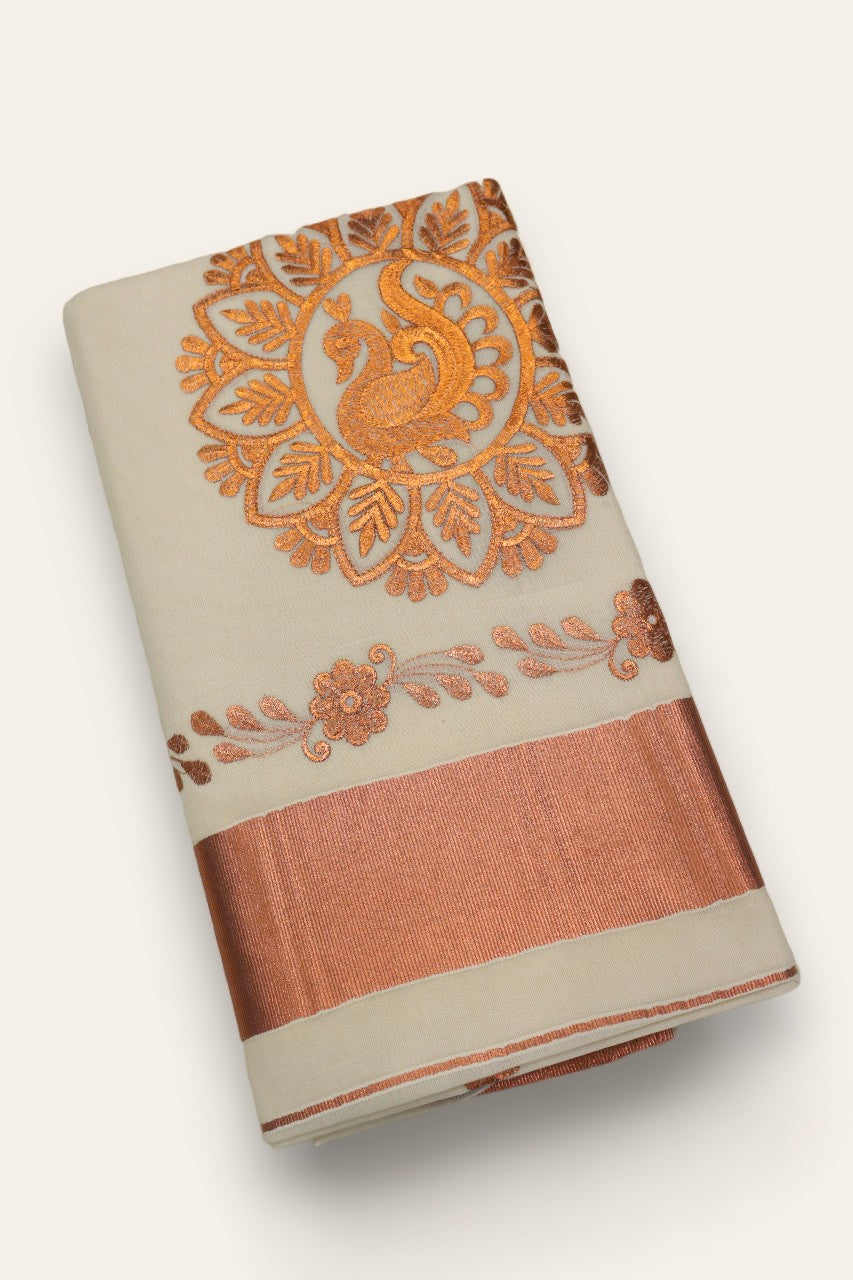 KERALA KASAVU EMBROIDERY COTTON SAREE (COPPER)