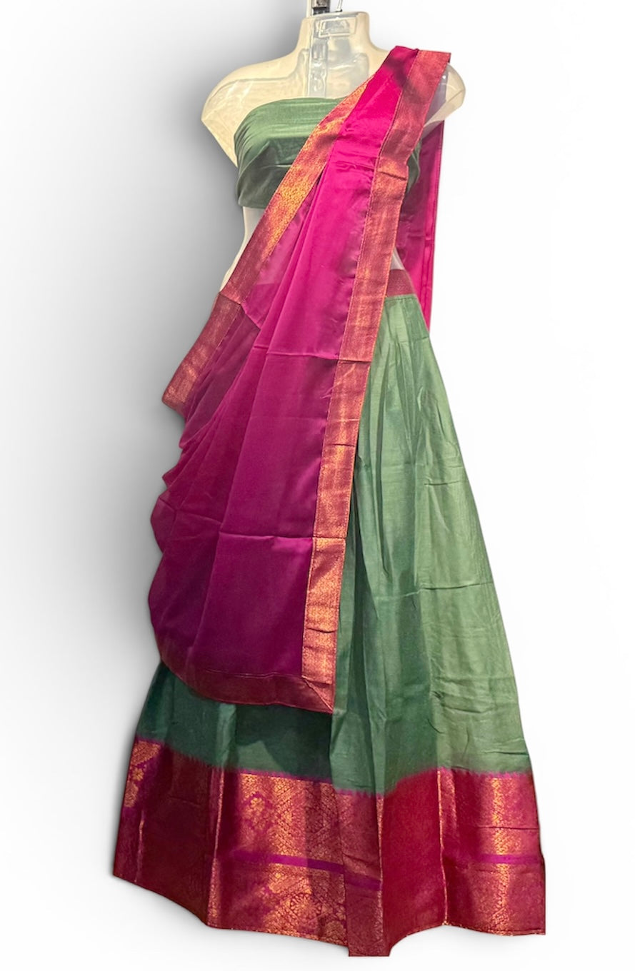 TRADITIONAL ONAM SPECIAL COTTON SILK DHAVANI SET - HUNTER GREEN