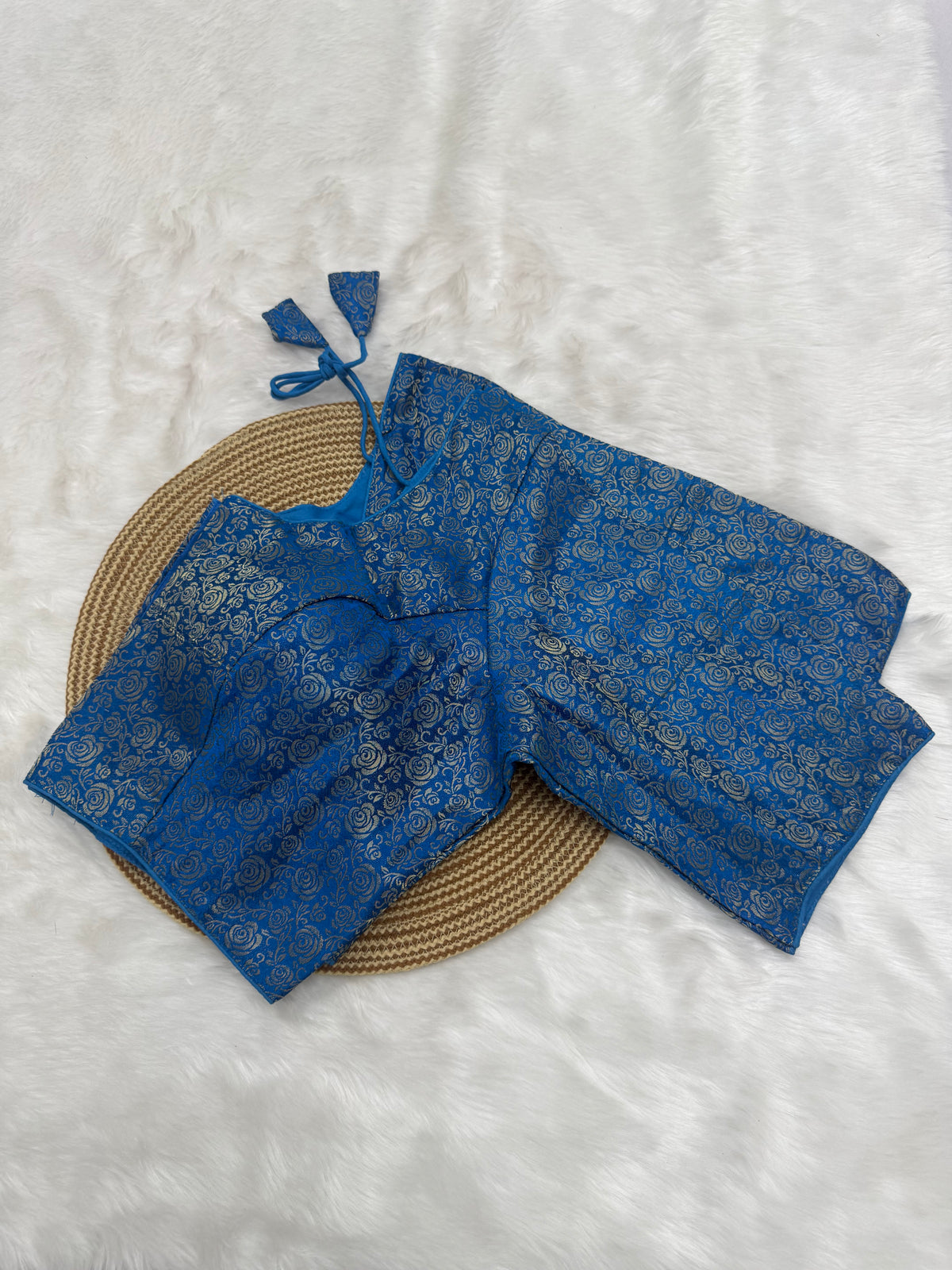 DESIGNER JACQUARD READY TO WEAR SAREE BLOUSE - PEACOCK BLUE