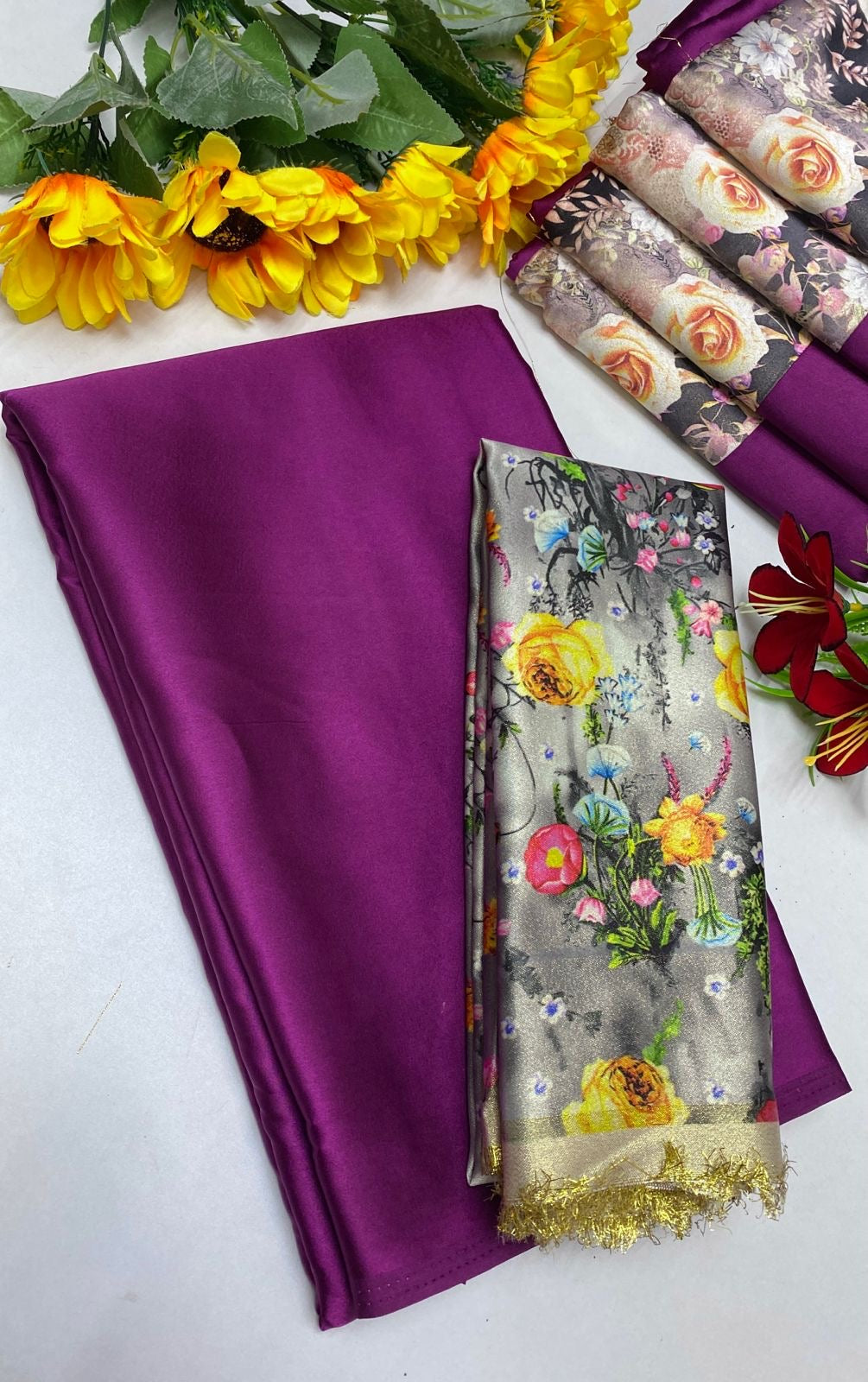 PLAIN SATIN SILK SAREE WITH DIGITAL PRINTED BLOUSE -  PURPLE