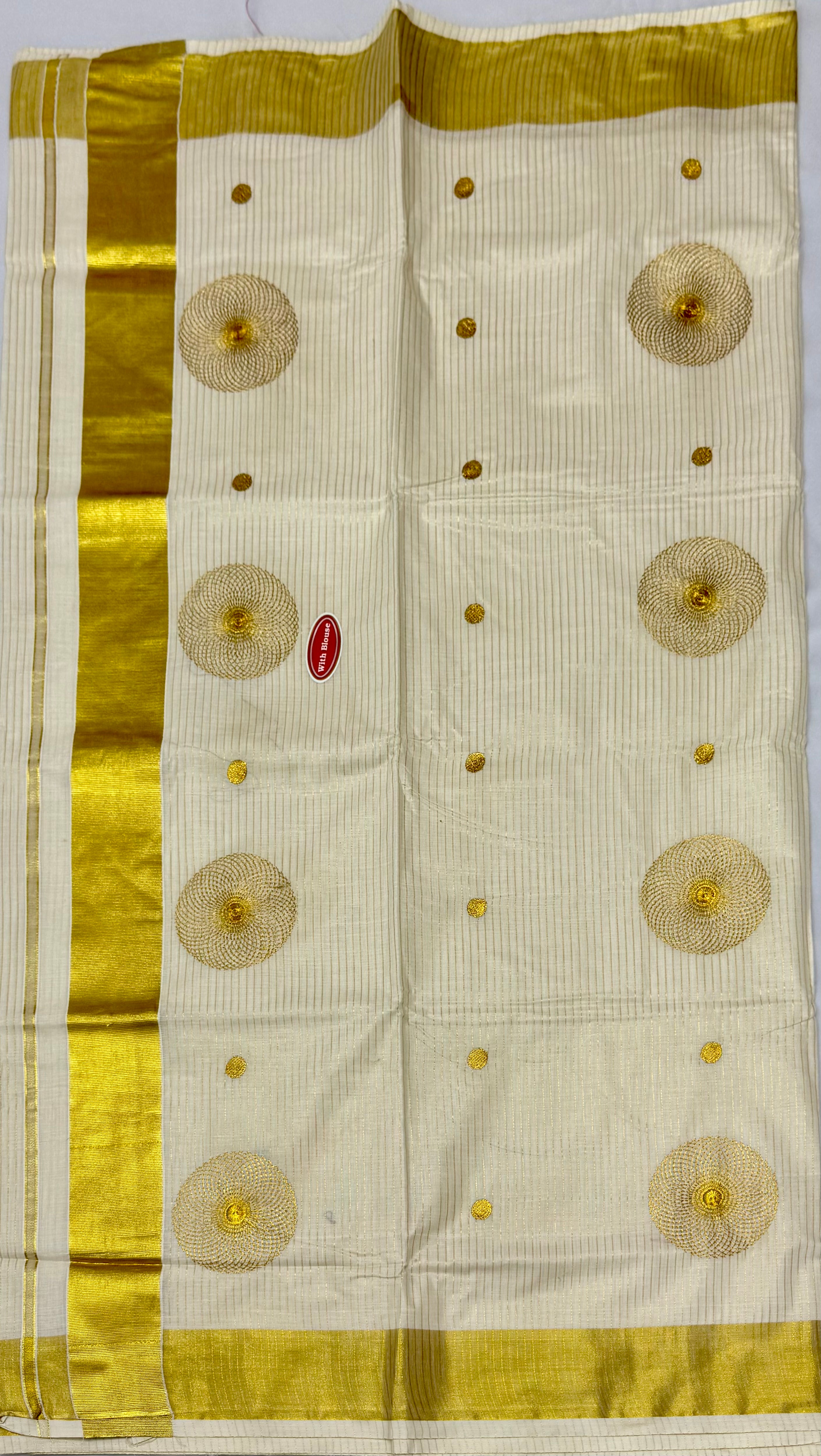 KERALA KASAVU COTTON GOLDEN STRIPES SAREE - (OFF WHITE,GOLD)