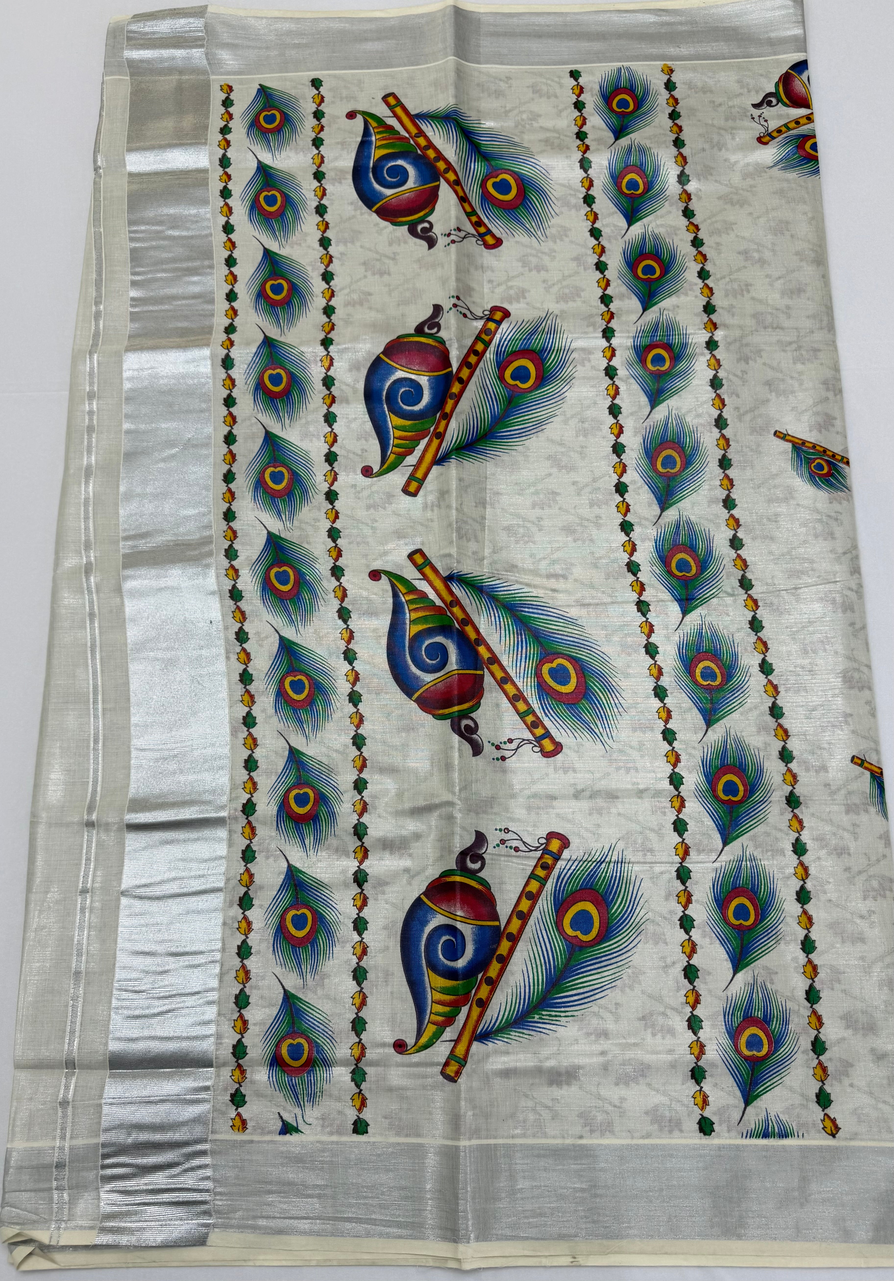 MURAL PAINTED/PRINTED KASAVU TISSUE SAREE (SILVER)