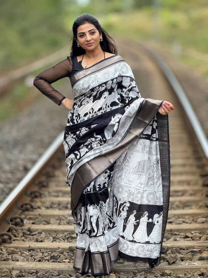 STUNNING DOLLA SILK SAREE - BLACK AND WHITE