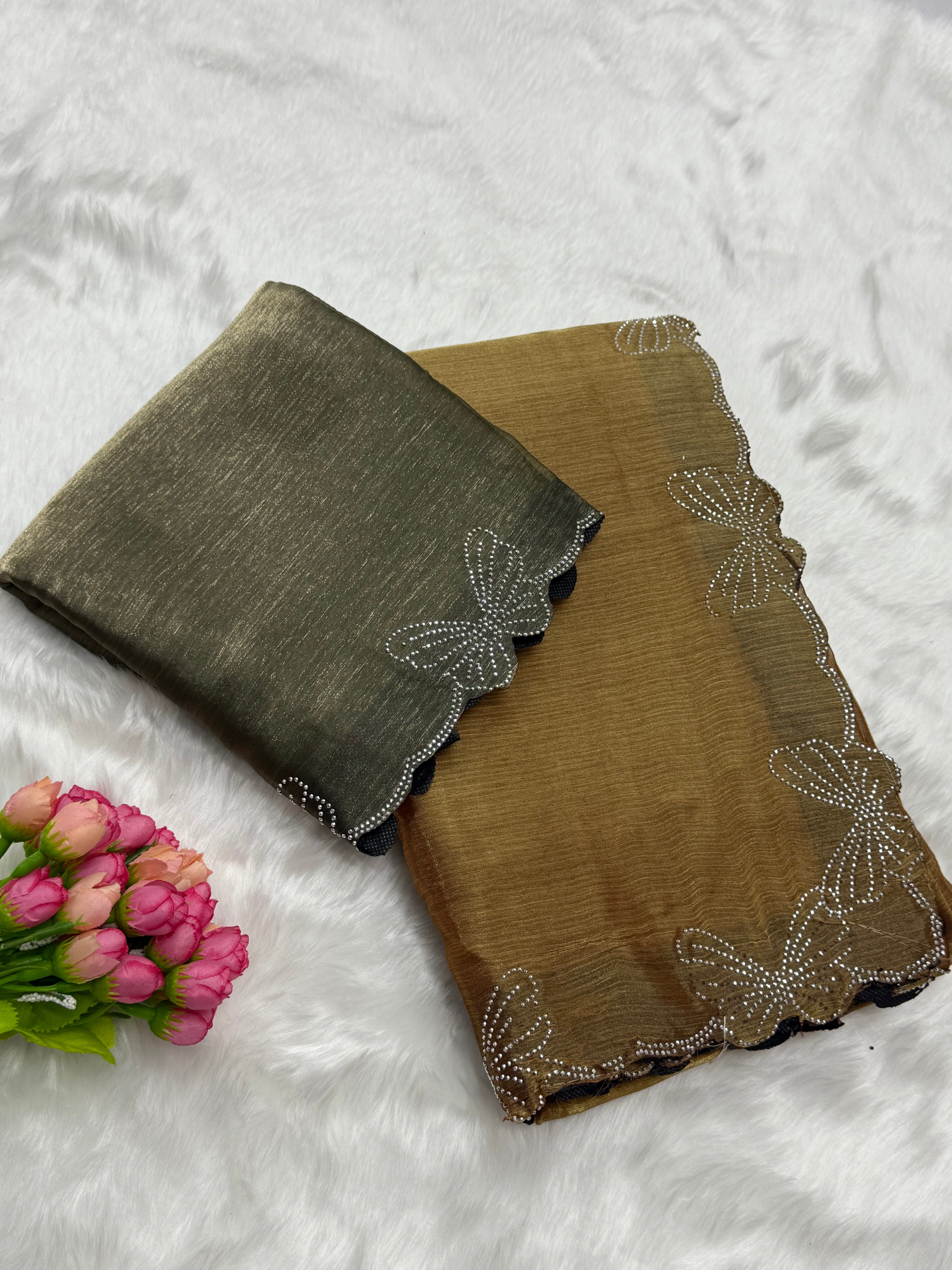 SPACE SILK BUTTERFLY DIAMOND WORK DESIGNER SAREE - WARM GOLDEN BOWN