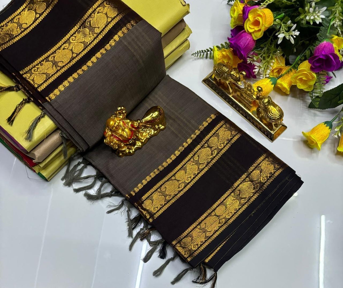 PURE KANCHI COTTON SAREES - GREYISH BROWN