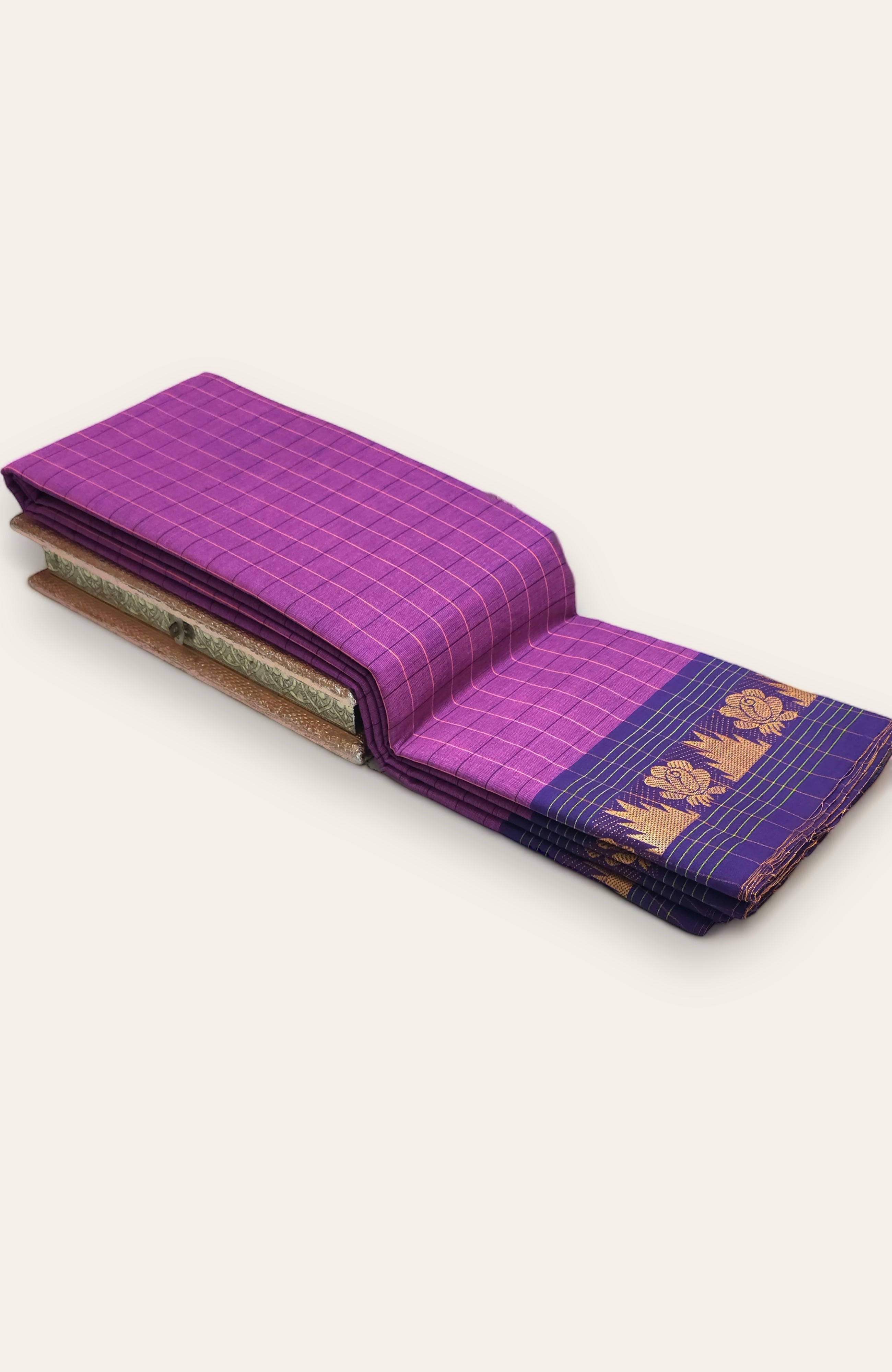 PURE KANCHI HANDLOOM CHECKED COTTON SAREE - VIOLET