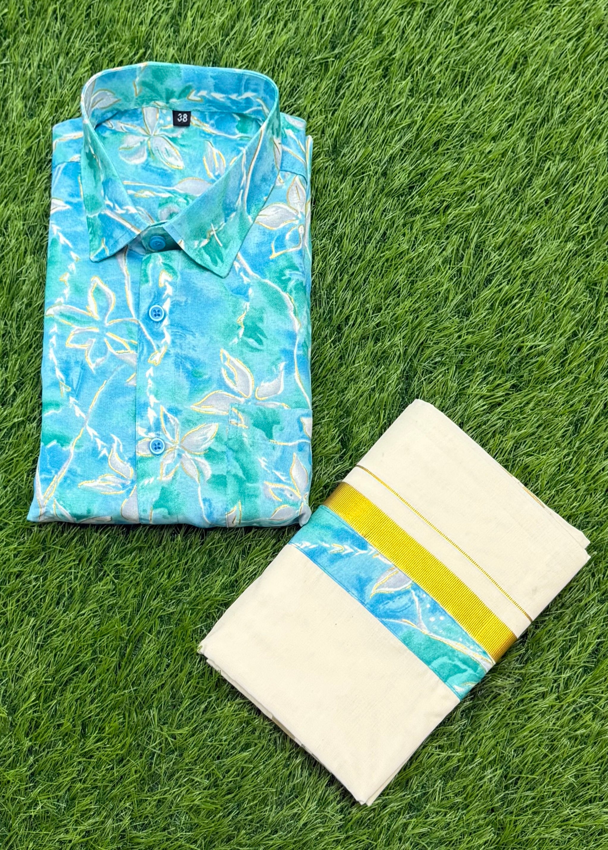 KANI KONNA SHIRT WITH CREAM PRINTED MUNDU COMBO - RAMA BLUE