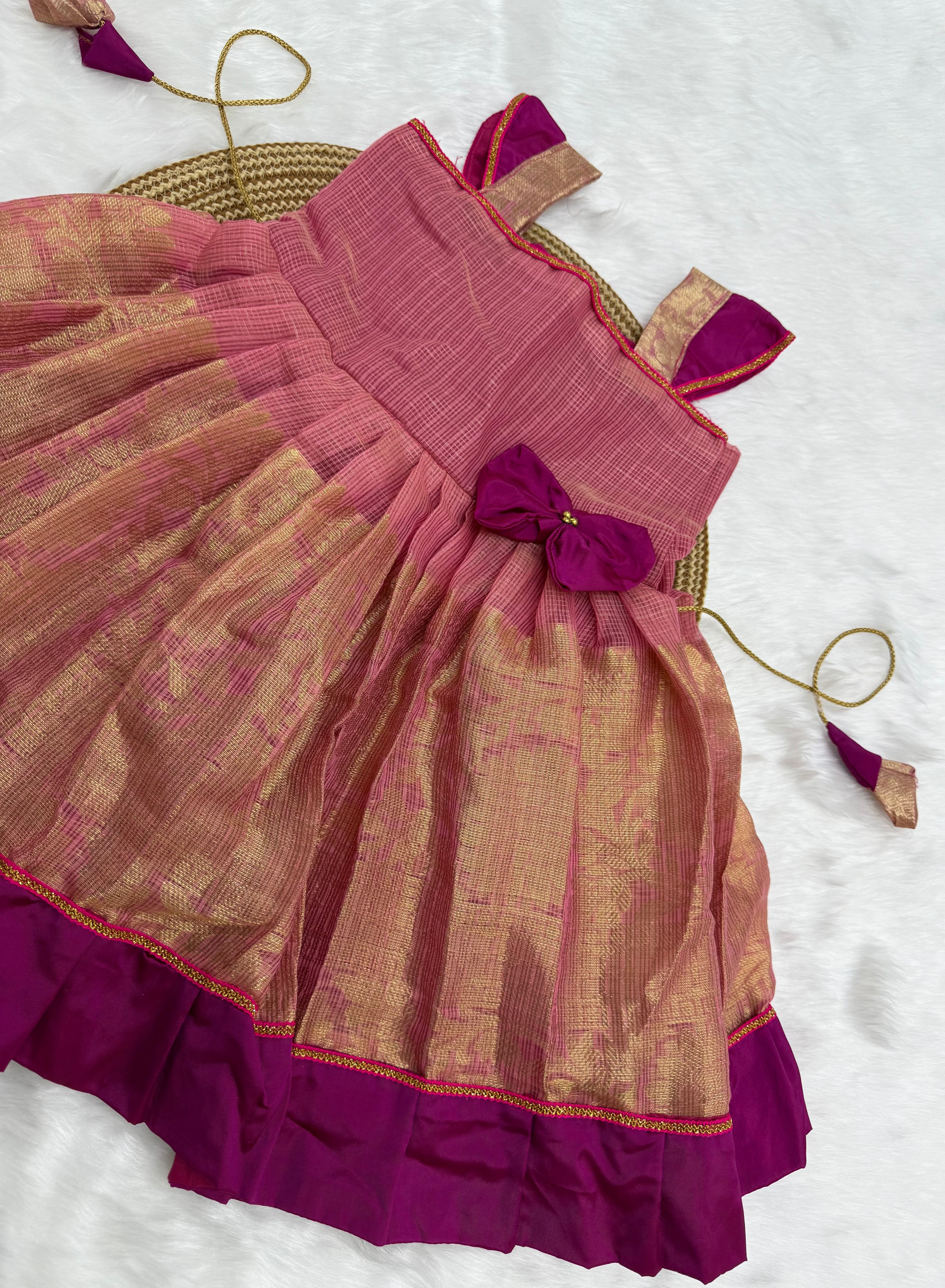 PINK & GOLD PATTU PAVADAI FOR KIDS | TRADITIONAL SILK FROCK WITH BOW & PURPLE BORDER
