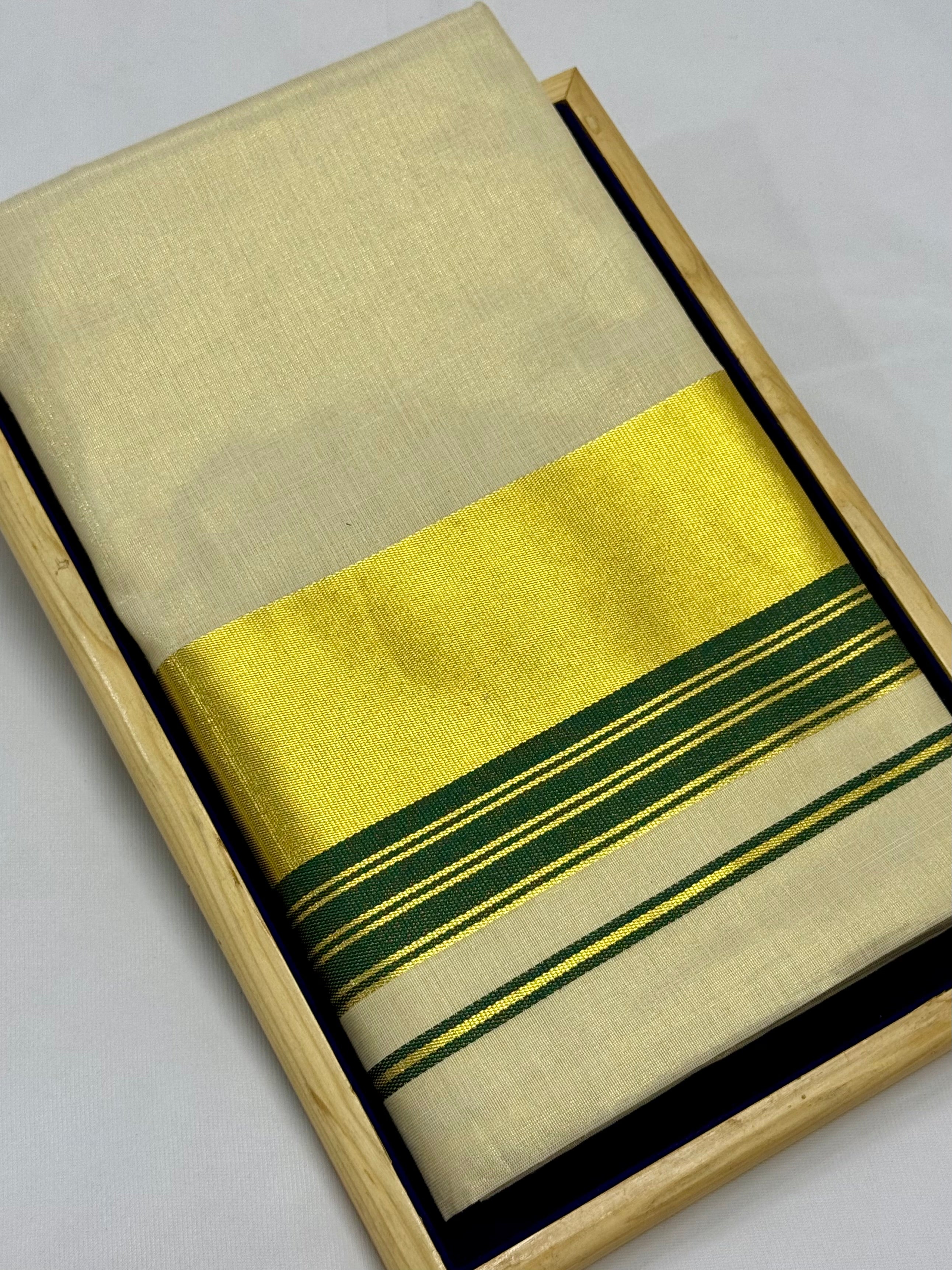 PREMIUM KERALA KASAVU TISSUE STRIPES SAREE - (CREAM,GOLD,GREEN