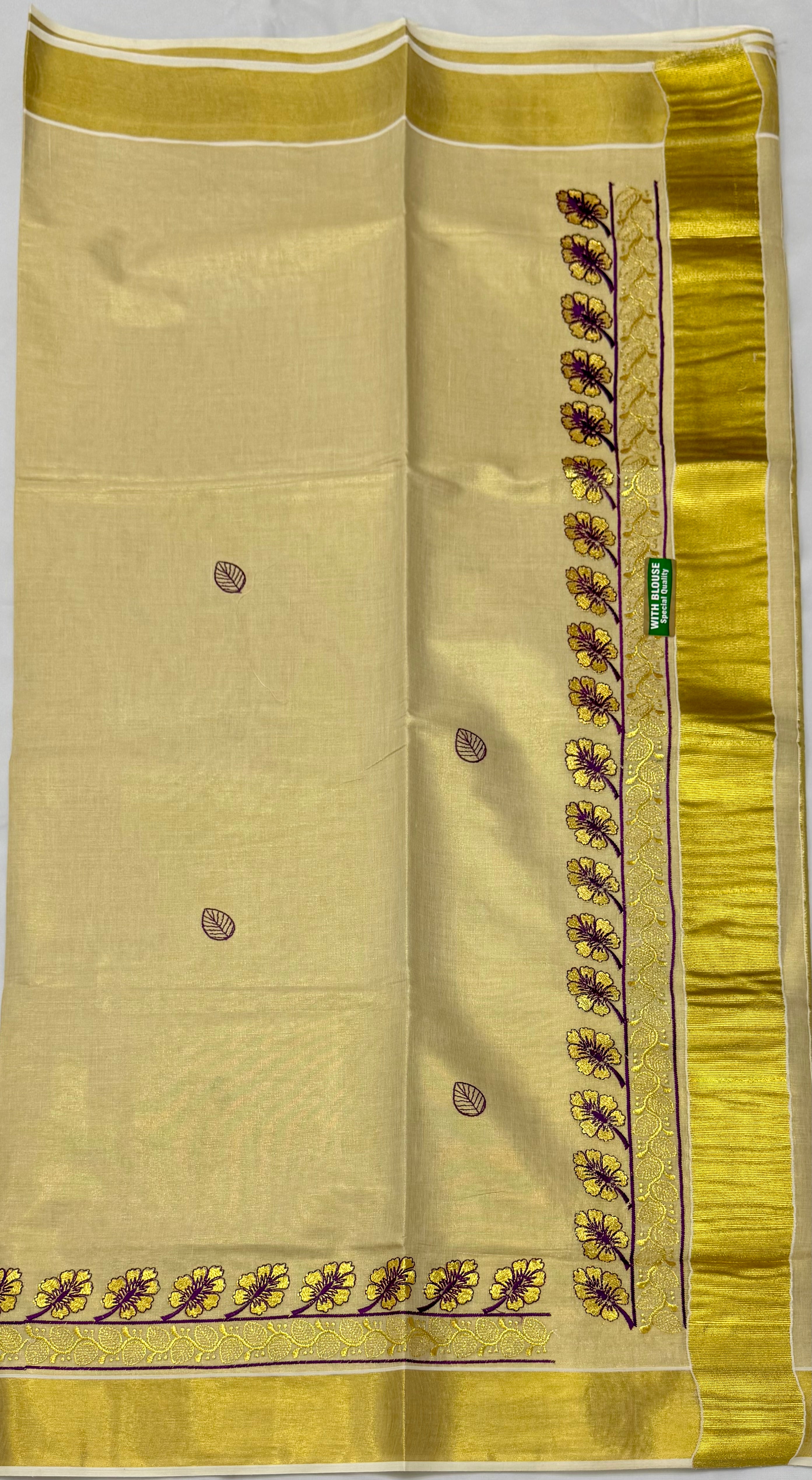 KERALA KASAVU TISSUE SILK EMBROIDERY  SAREE - (GOLD,CREAM)