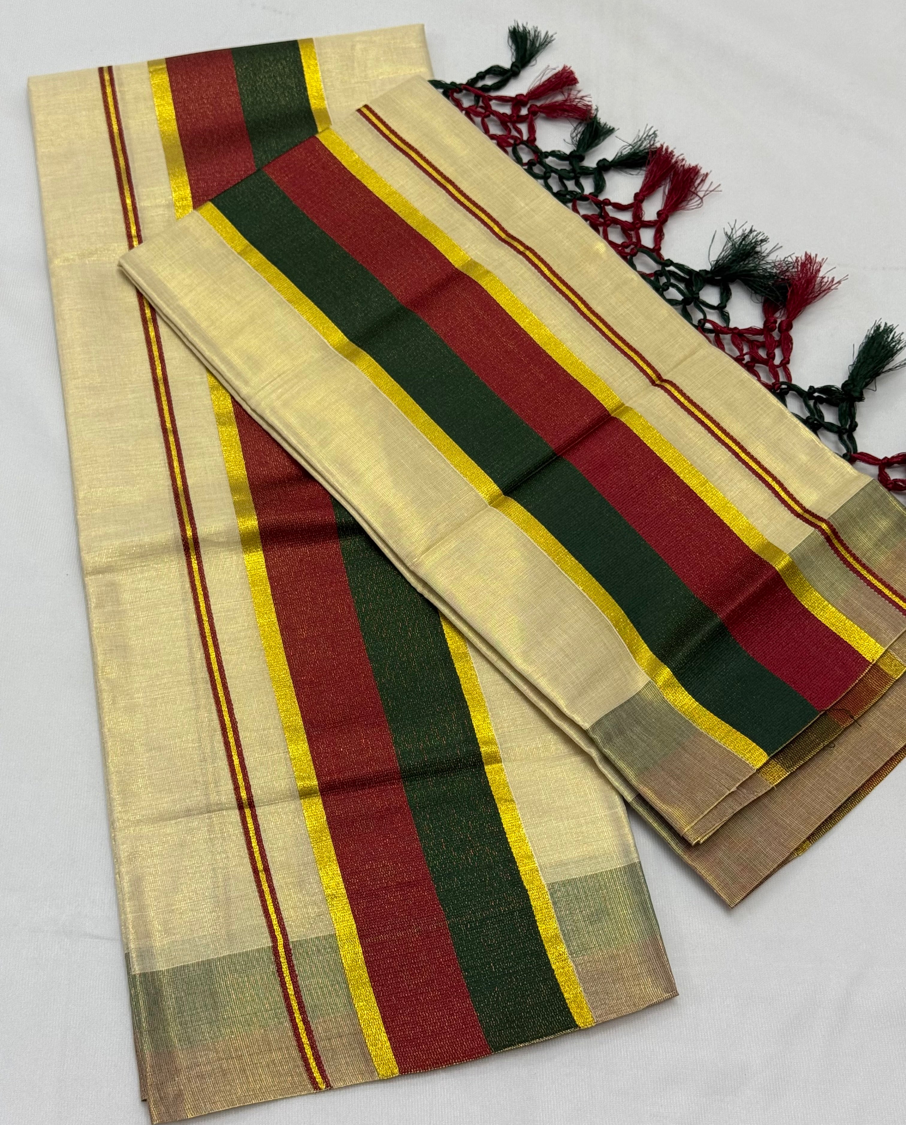 TISSUE SINGLE SET MUNDU (MUNDUM NERIYATHUM) WITH KARA BORDER - 2 X 2.80 MTRS - (CREAM,MULTI)