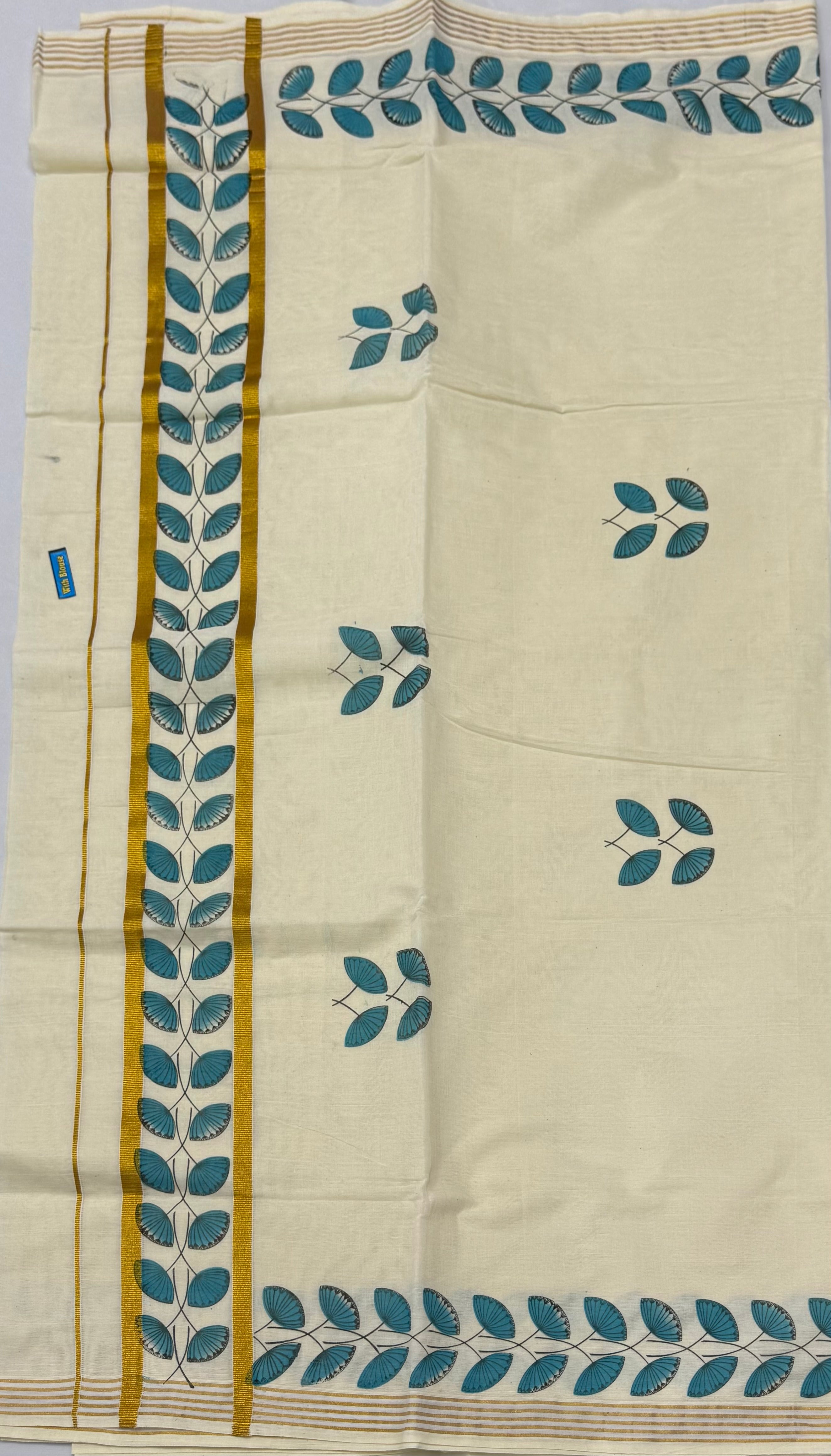 TRADITIONAL PRINTED KASAVU COTTON SAREE (OFF WHITE,GOLD)