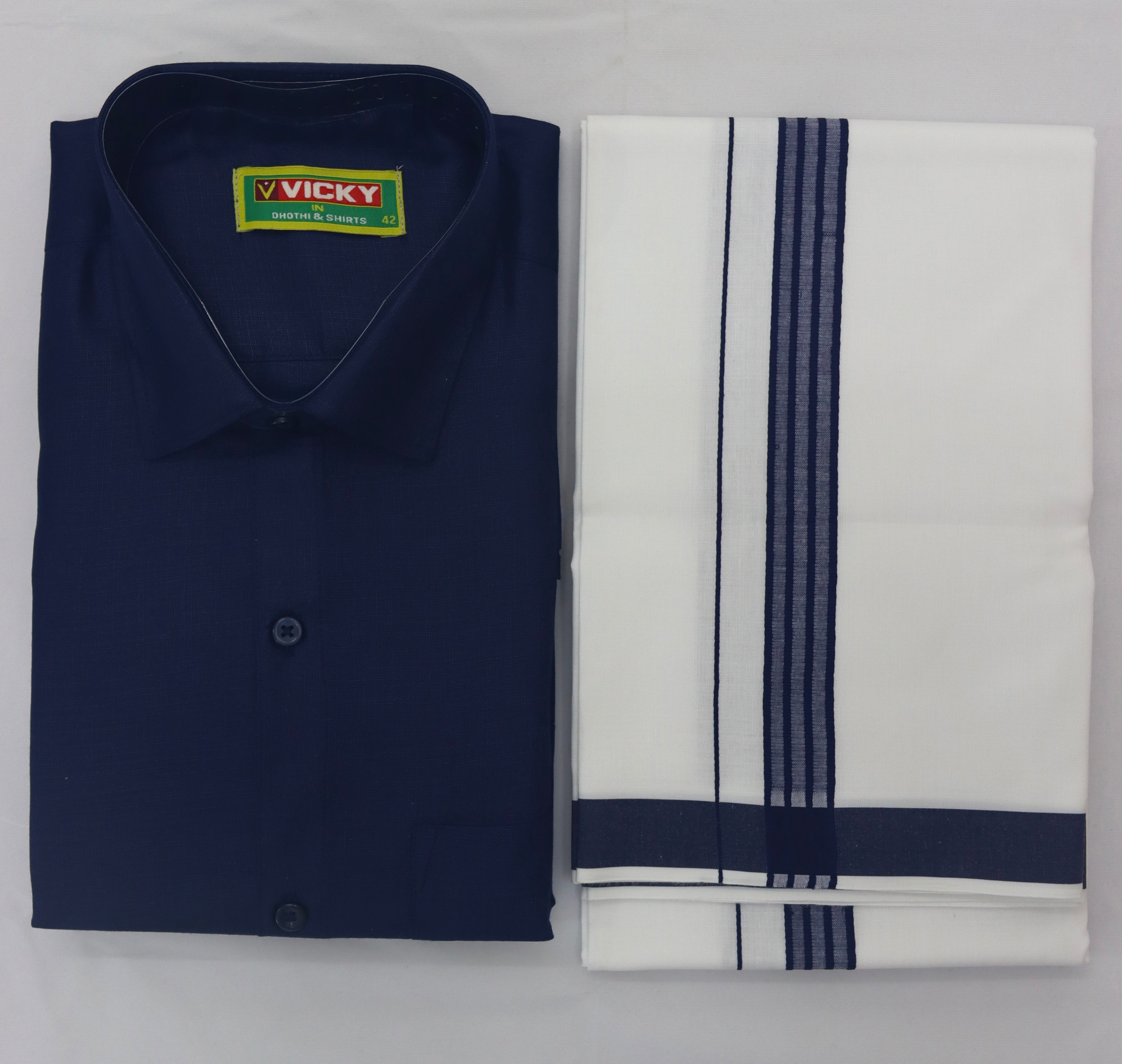 MEN'S MATCHING FANCY BORDER SINGLE DHOTI & SHIRT SET - NAVY BLUE