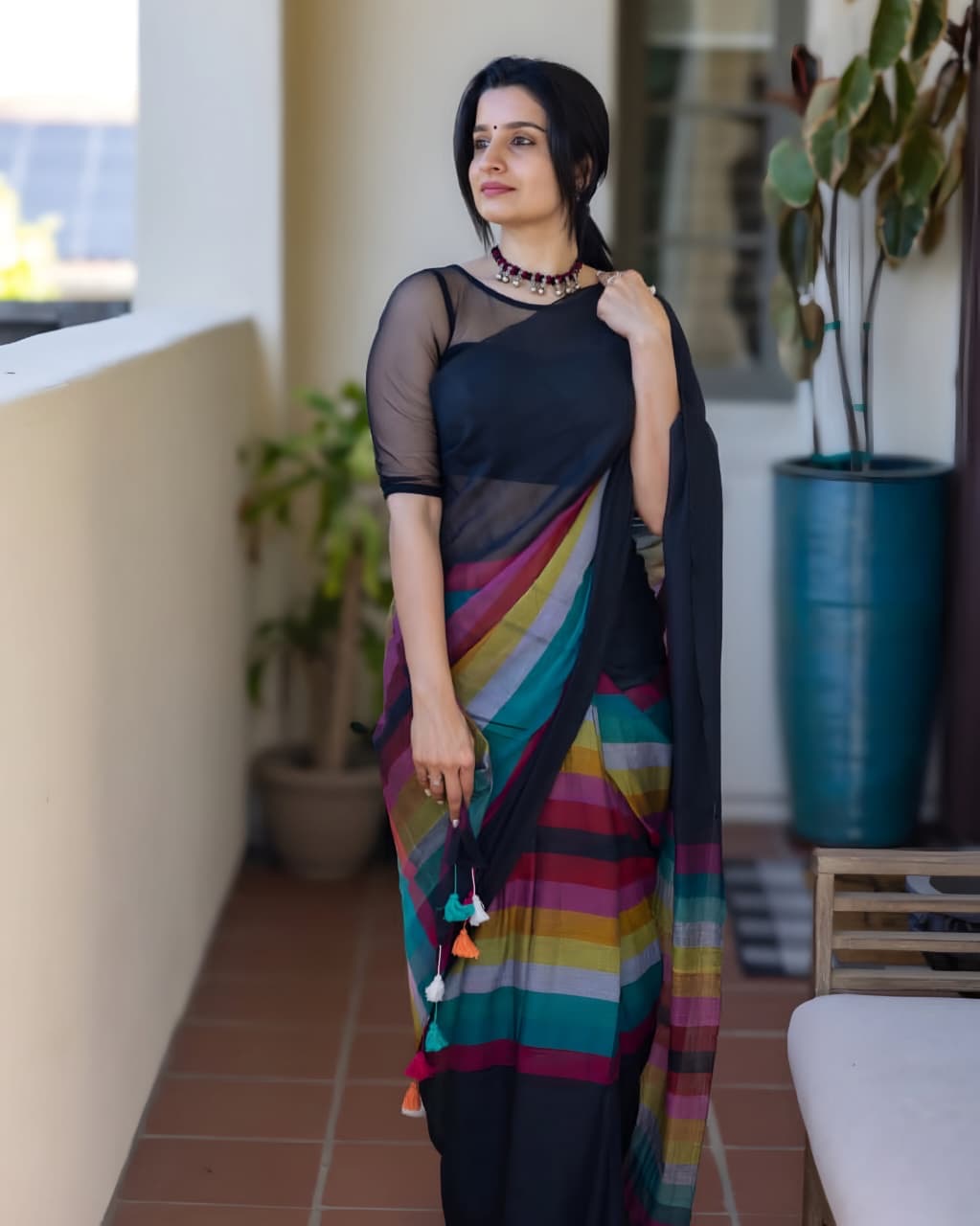 TRENDY MULTICOLOUR CHECKED TYPE SAREE