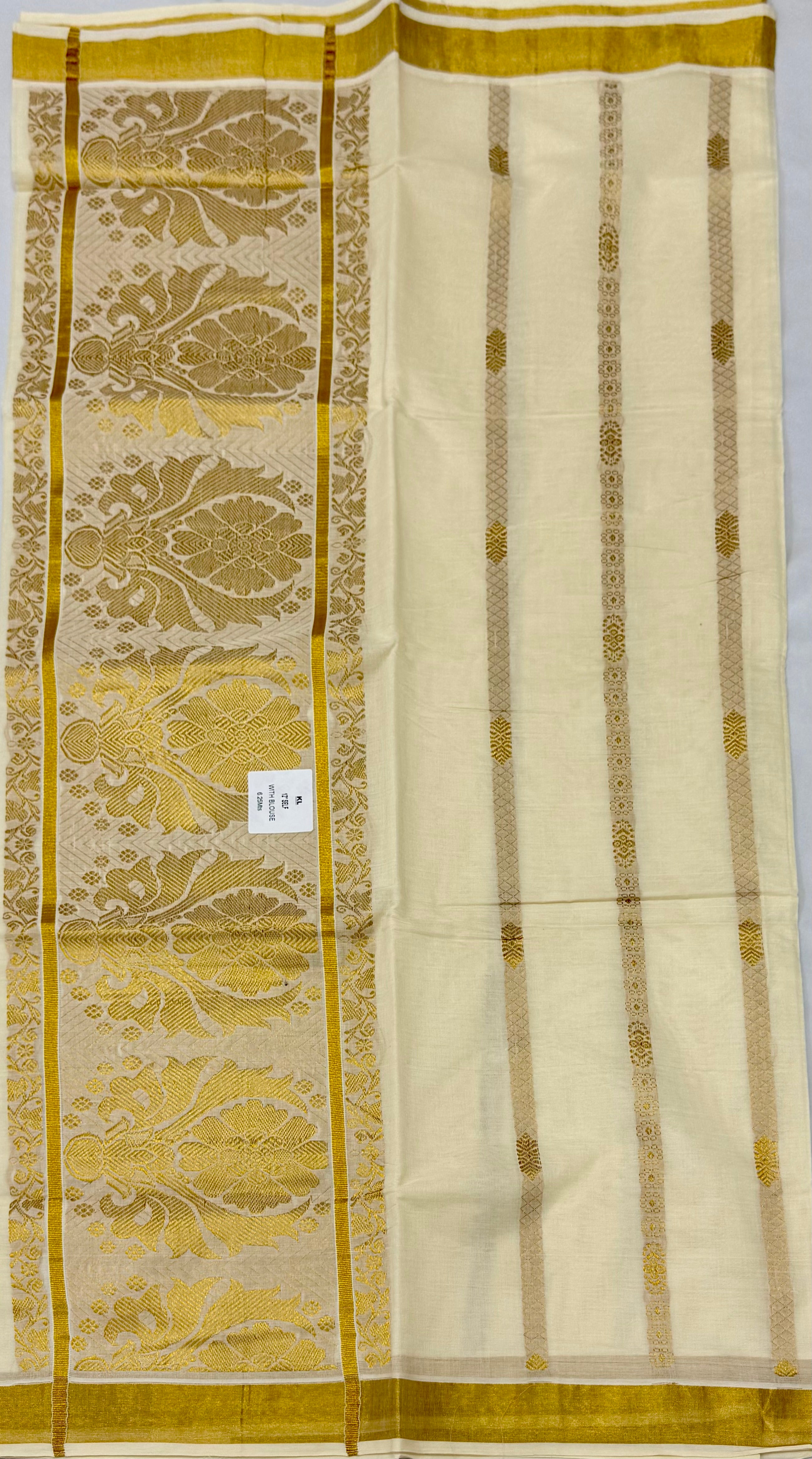 KERALA KASAVU SAREE WITH HEAVY GOLD ZARI PALLU - (OFF WHITE,GOLD)