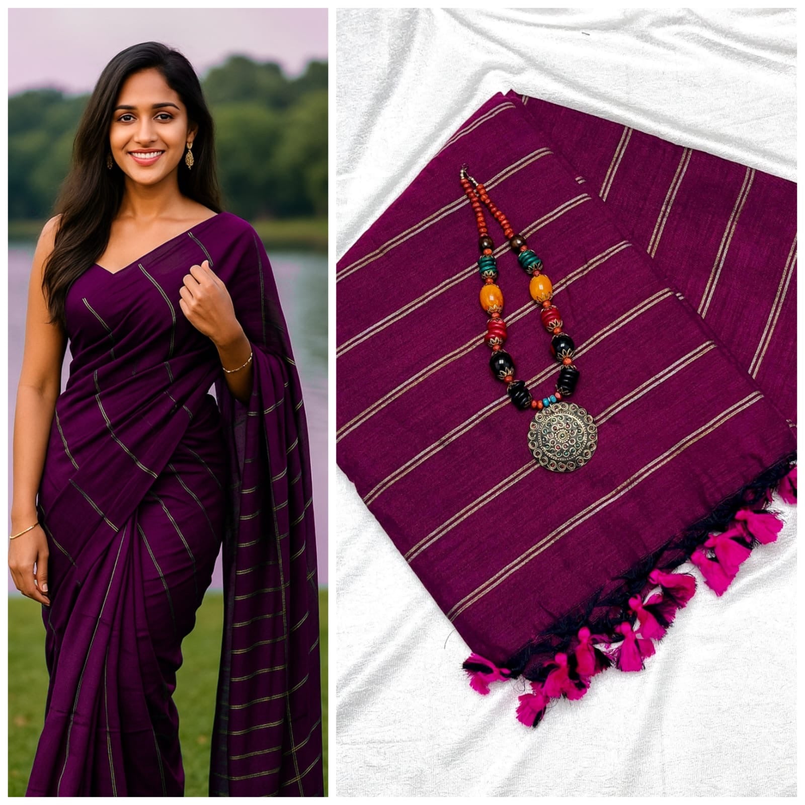 PREMIUM DUAL STRIPE KHADI COTTON SAREES - LOLLIPOP