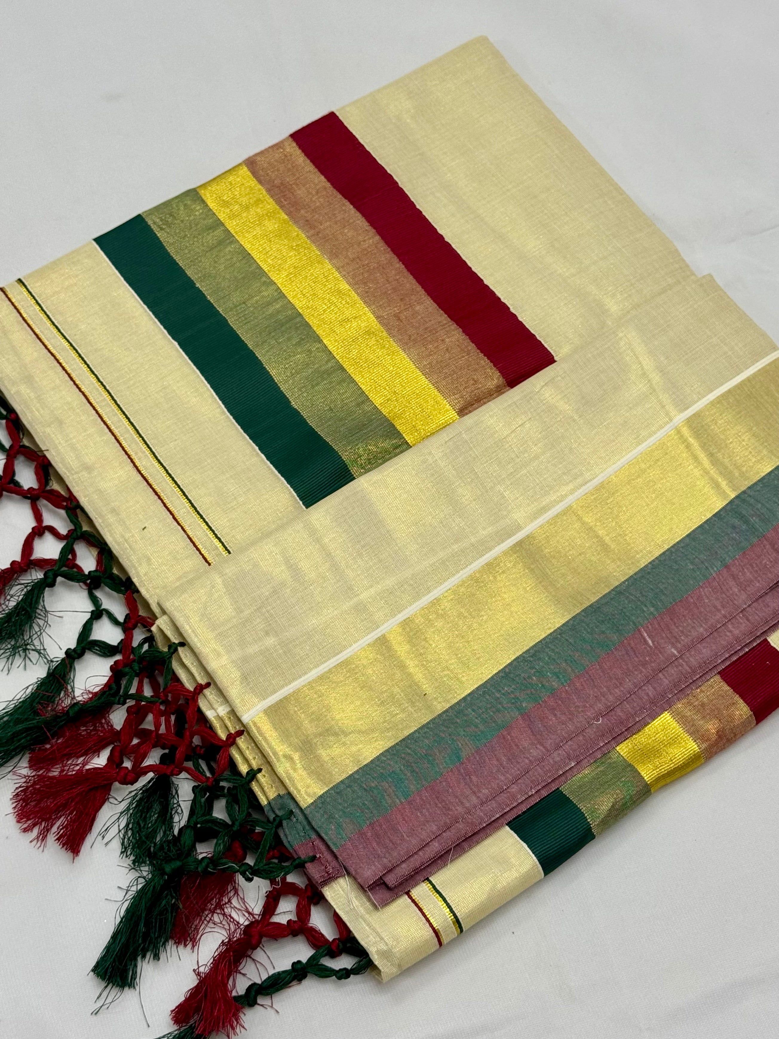 MULTI COLOUR STRIPES GOLDEN KASAVU TISSUE SAREE - (CREAM,GOLD)