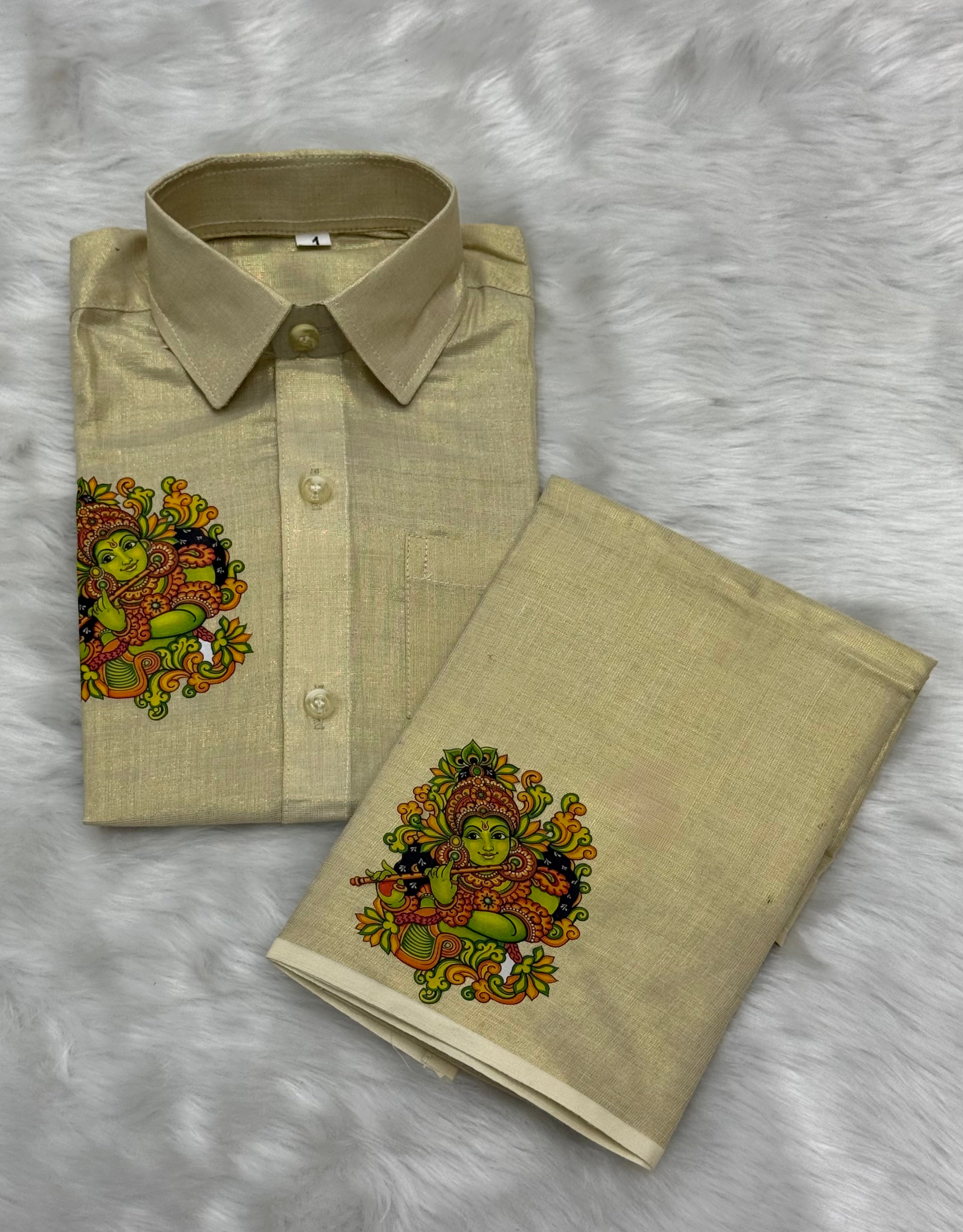 KIDS CULTURAL PRINTED VELCRO DHOTI & SHIRT COMBO SET - GOLD