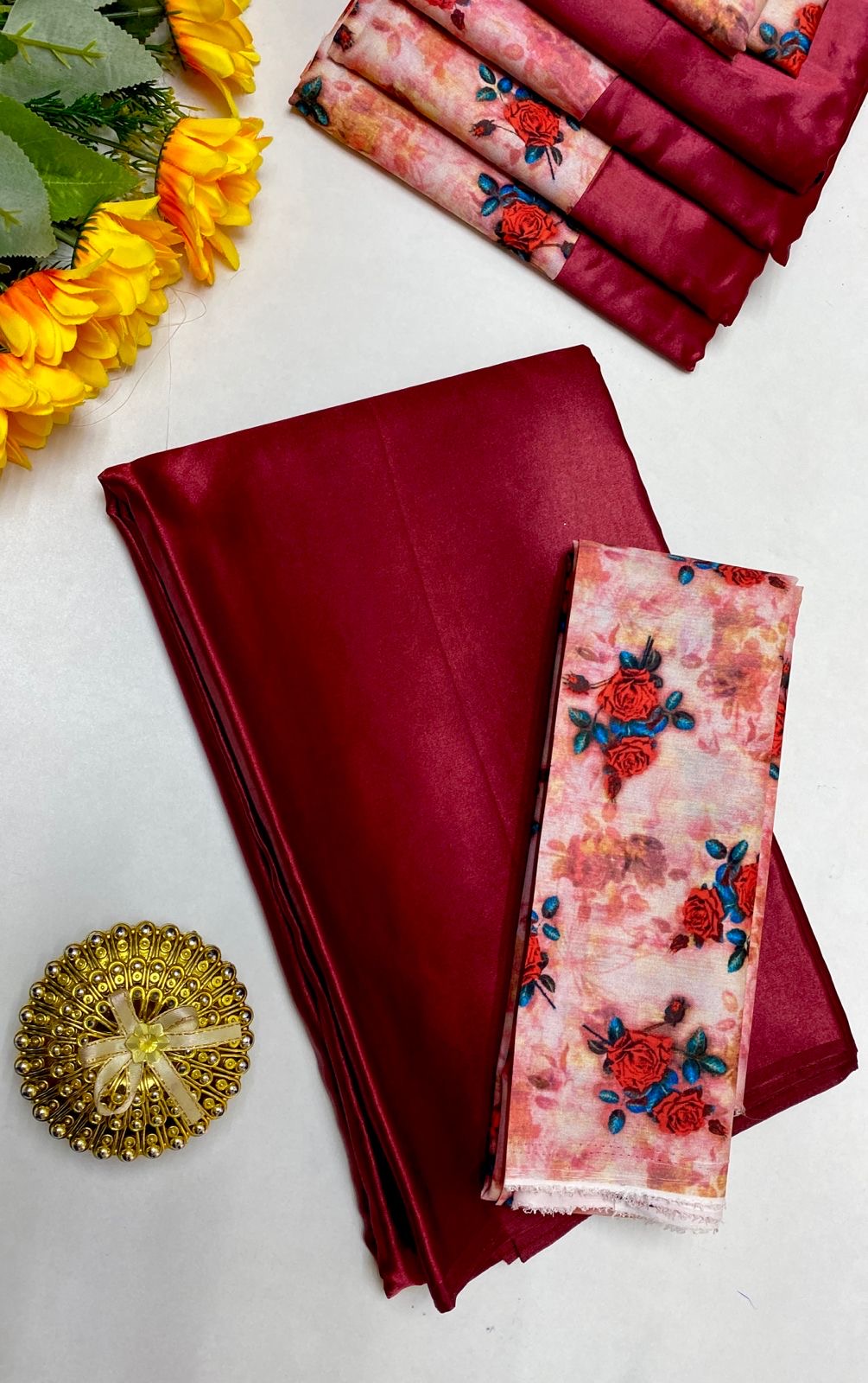 PLAIN SATIN SILK SAREE WITH DIGITAL PRINTED BLOUSE -  CHERRY