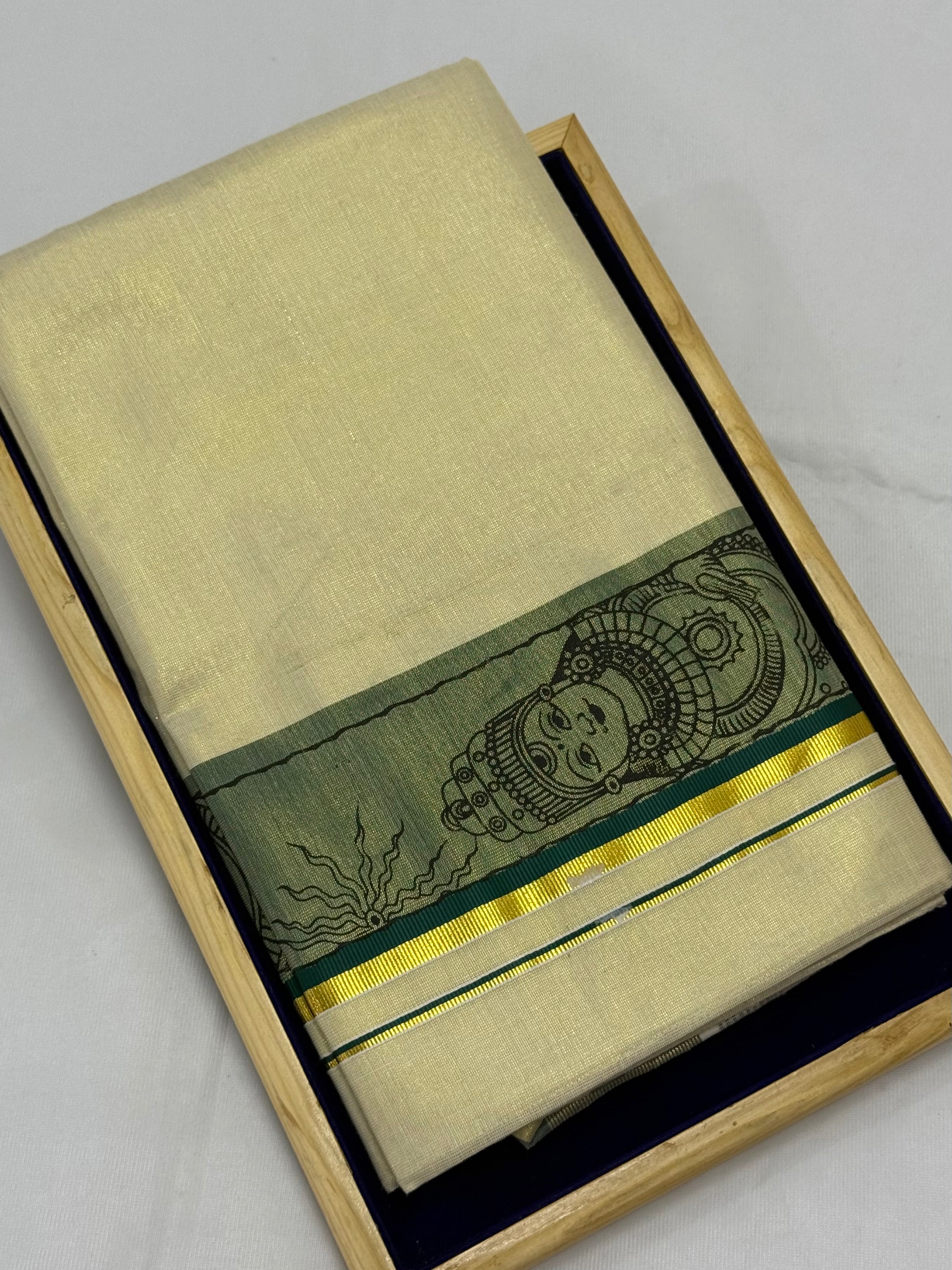 TRADITIONAL ART KASAVU TISSUE KERALA SAREE (GOLD,CREAM,GREEN)
