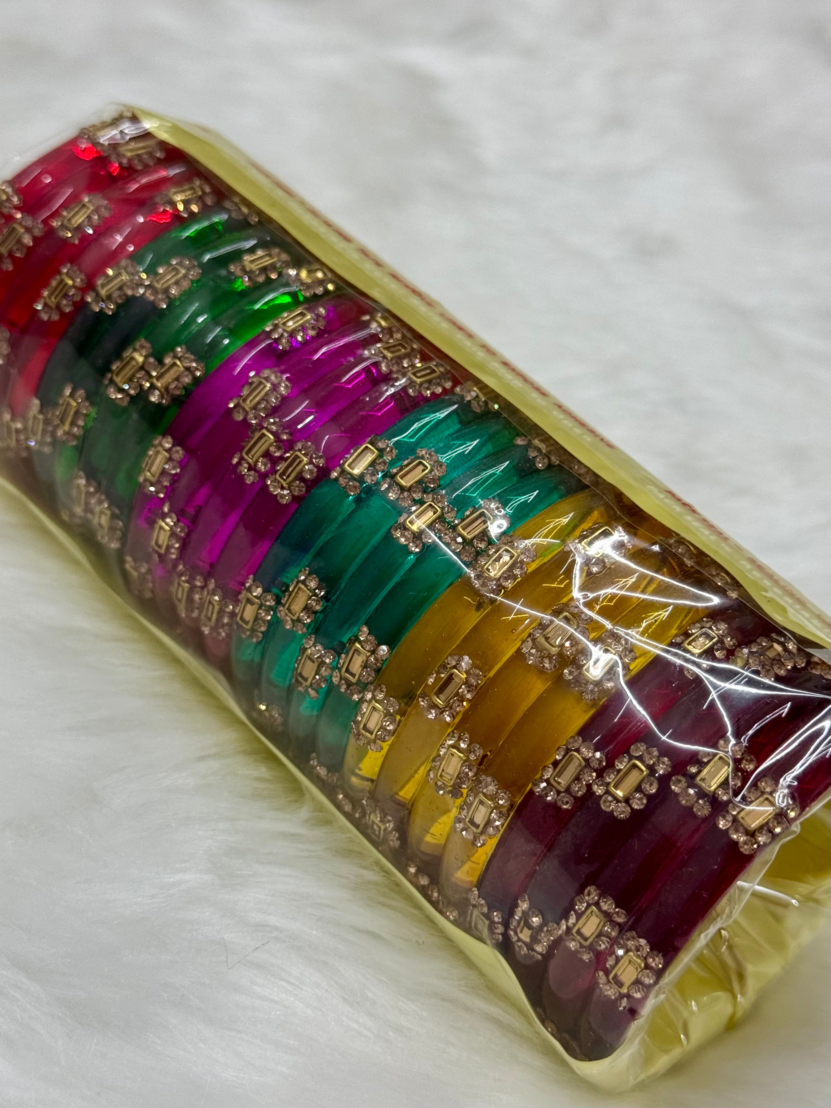 FANCY STONE WORK GLASS BANGLS - 6 COLOURS (BOX OF 24 PCS)