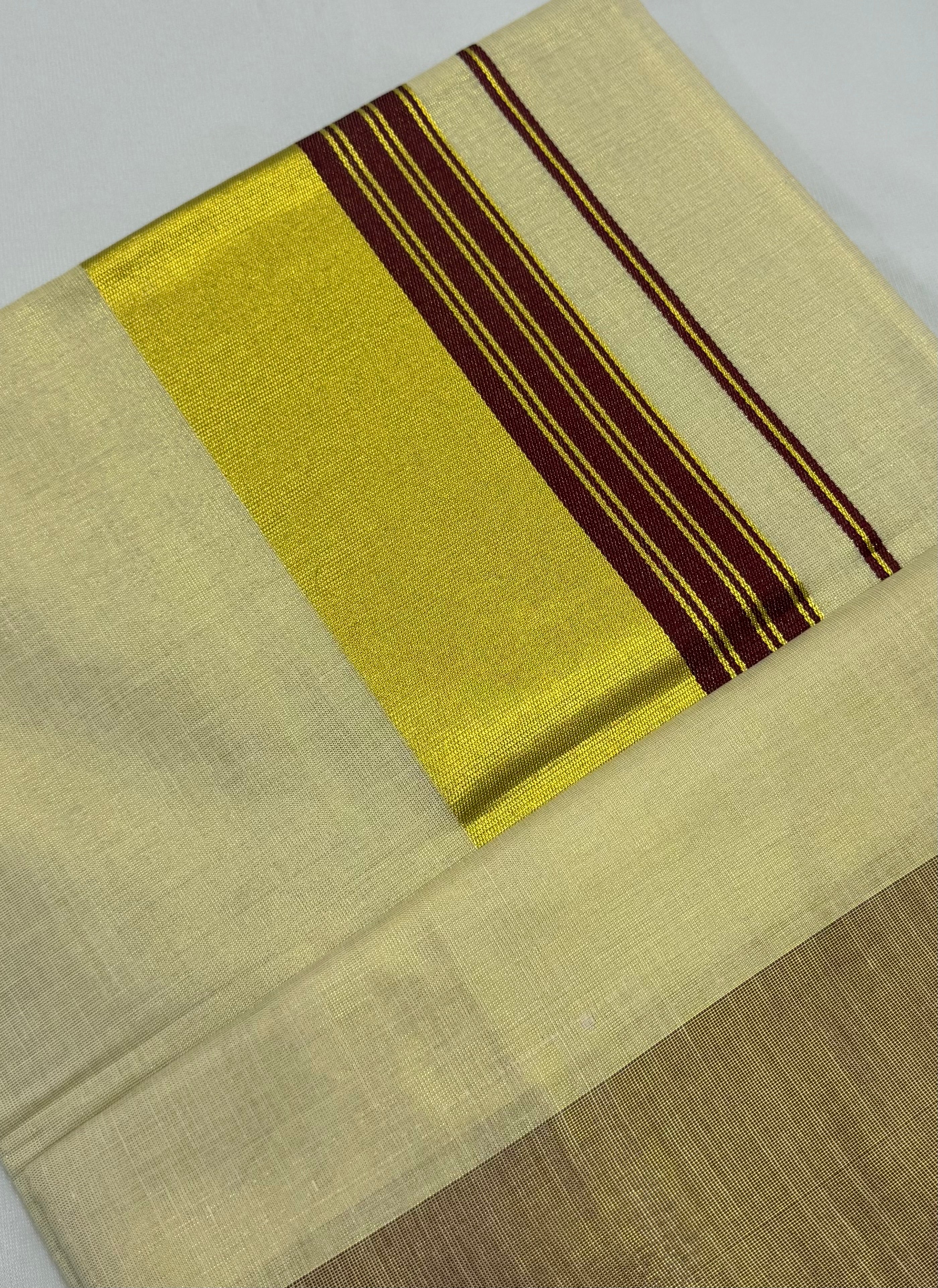 PREMIUM KERALA KASAVU TISSUE STRIPES SAREE - (CREAM,GOLD,MAROON)