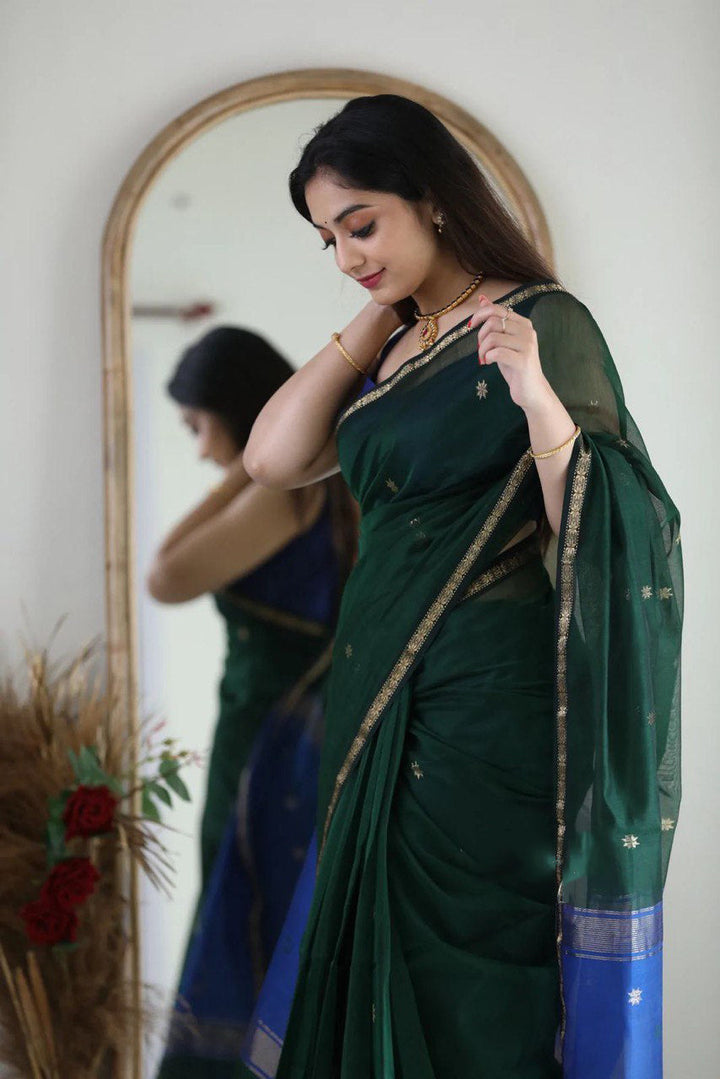 MAHESHWARI COTTON SILK SAREE - HUNTER GREENN