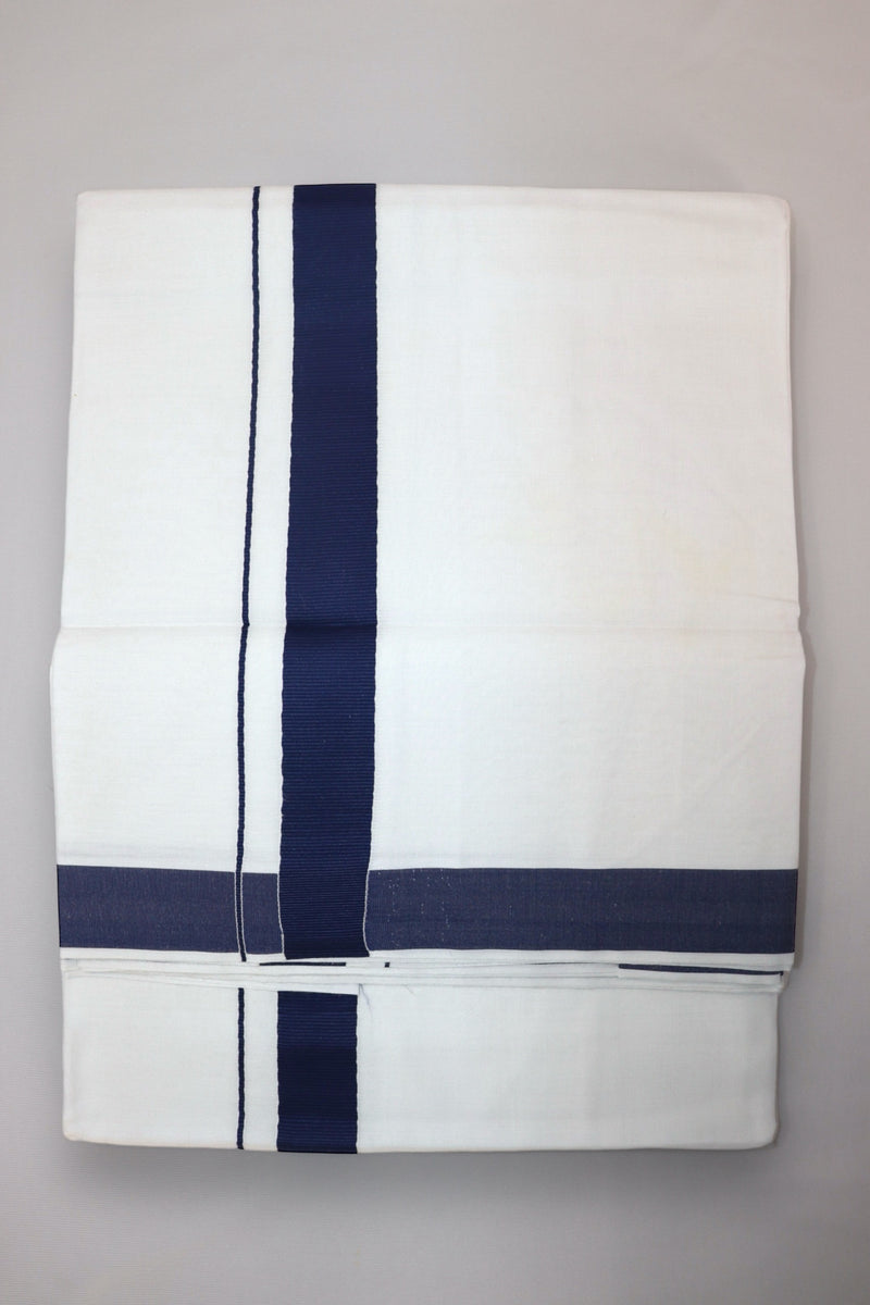 MEN'S DOUBLE DHOTI WHITE WITH FANCY BORDER - NAVY BLUE