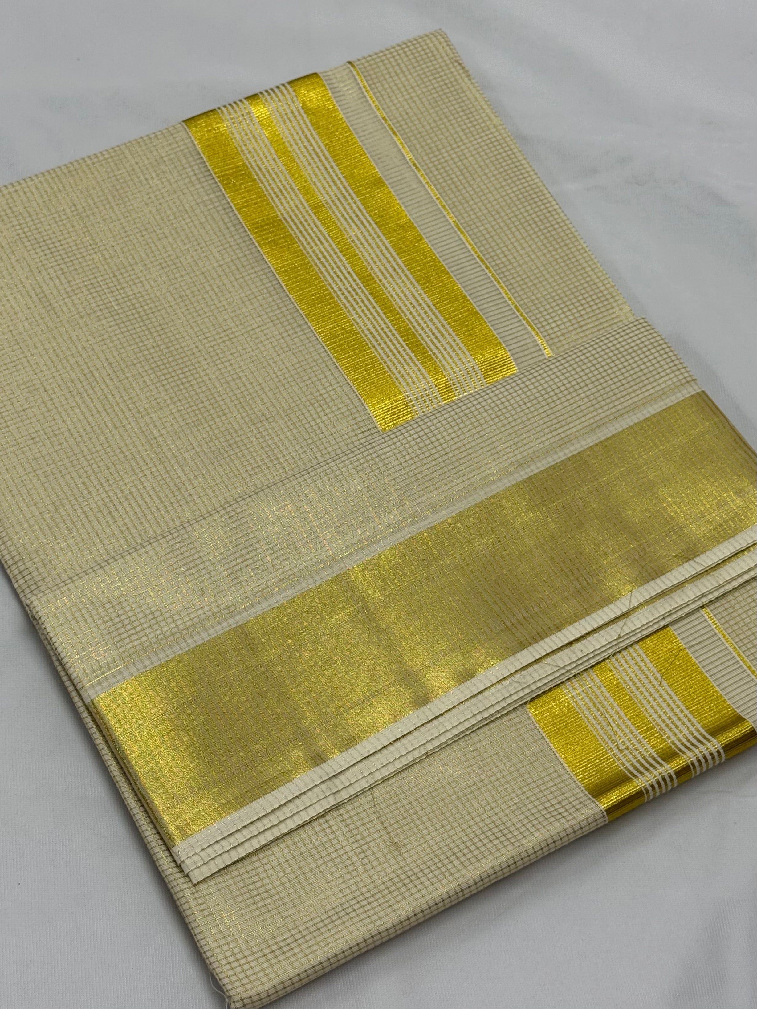 CHECKED KERALA KASAVU TISSUE SAREE - (GOLD,CREAM)