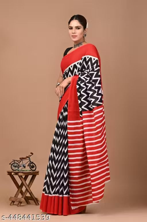 PRINTED MULMUL COTTON SAREE - RED & BLACK