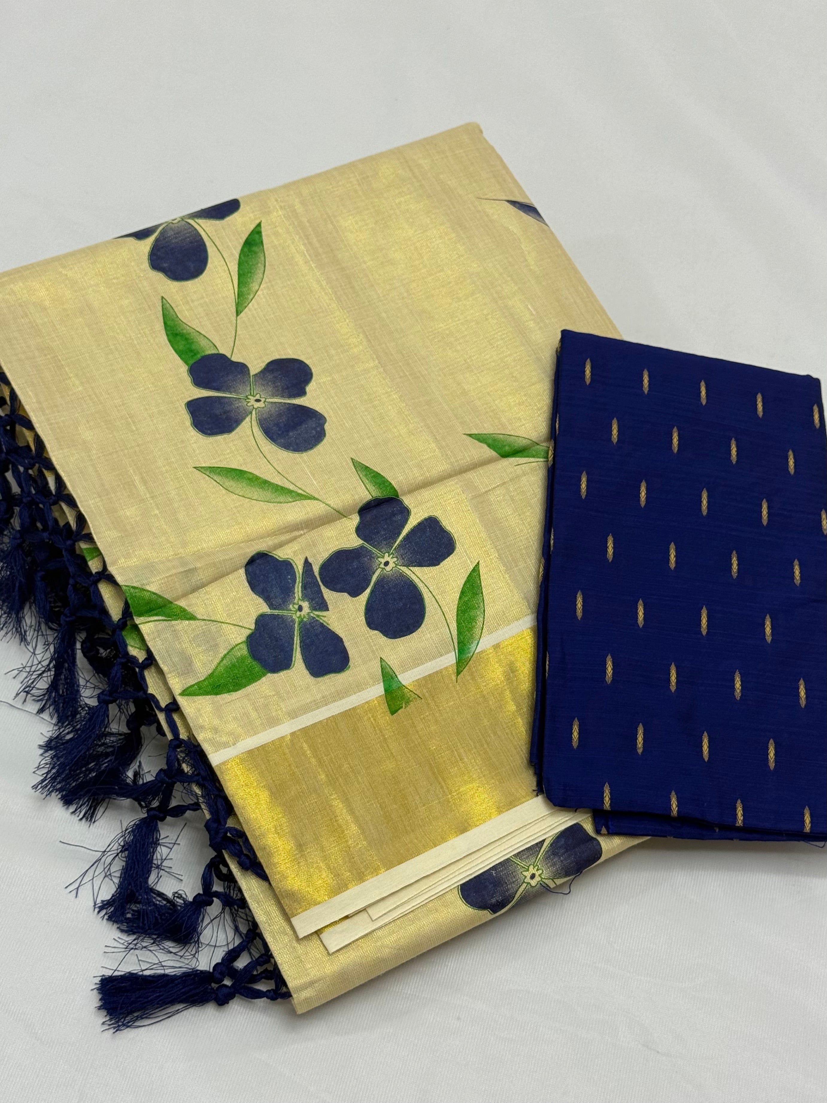 FLORAL PRINTED KASAVU TISSUE SAREE WITH BLOUSE PIECE 1M - (GOLD,CREAM,BLUE)