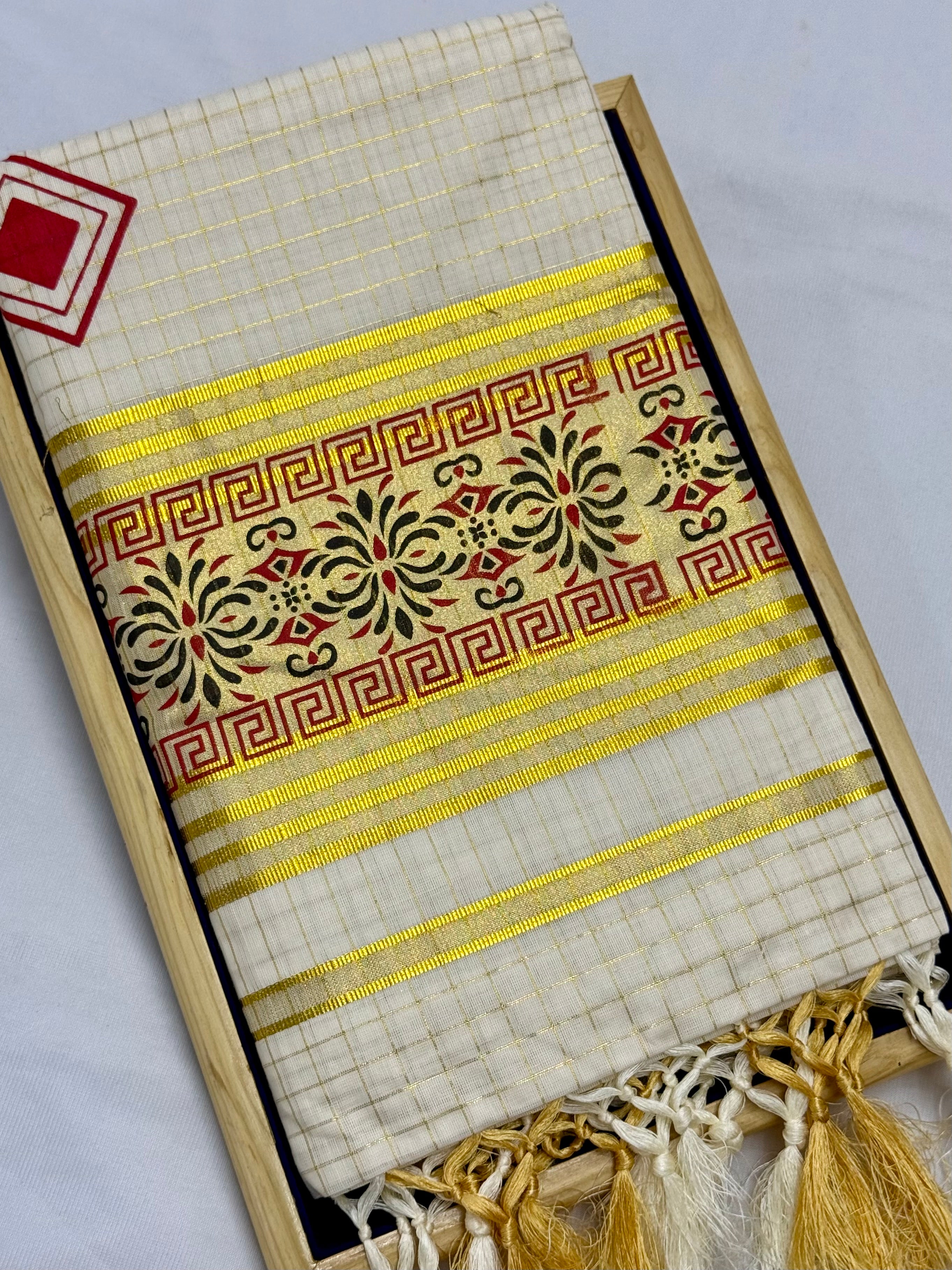 TRADITIONAL PRINTED KASAVU TISSUE CHECKED SAREE (OFF WHITE,GOLD,RED)