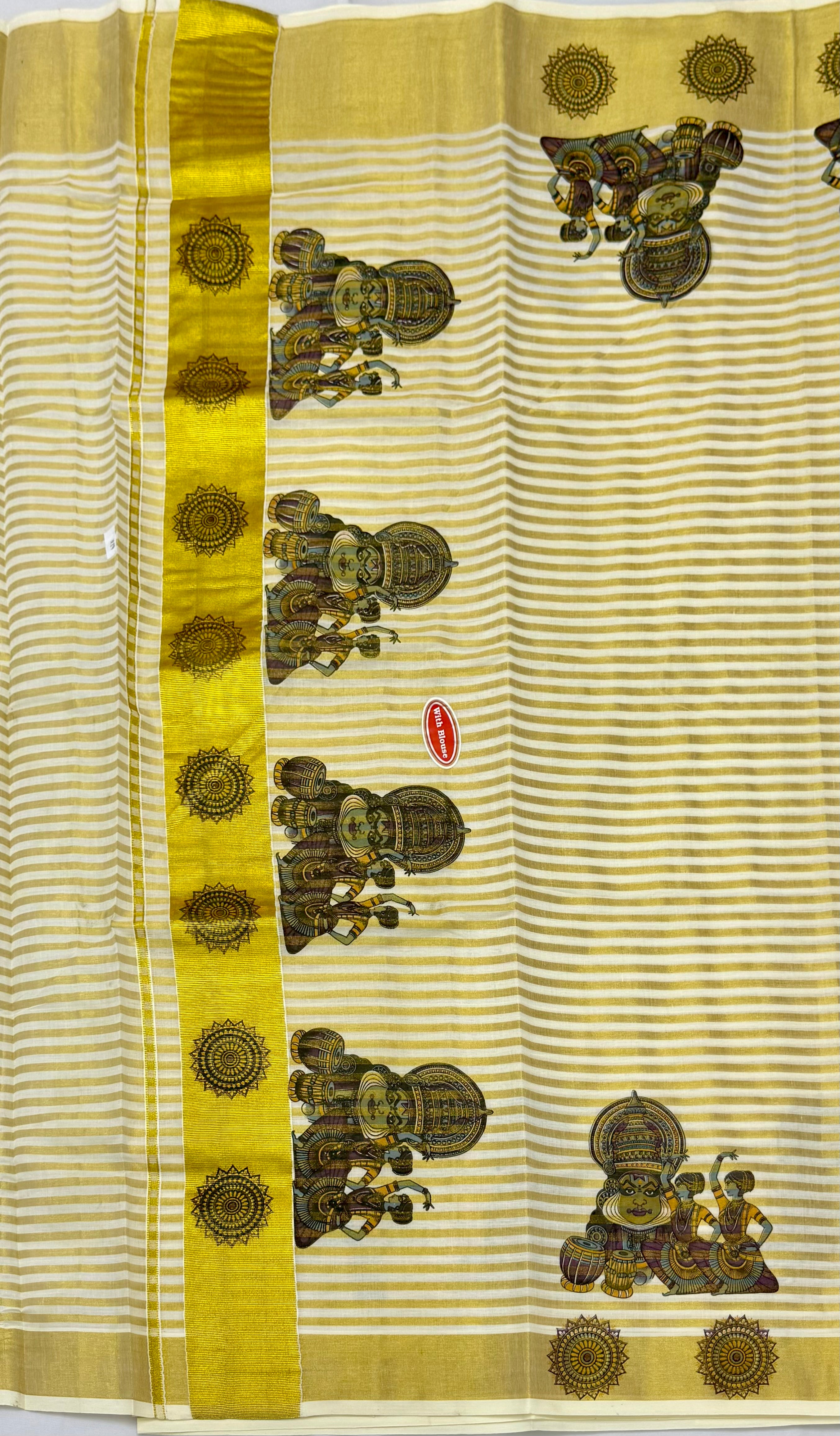 TRADITIONAL KATHAKALI PRINTED KASAVU TISSUE(CREAM,GOLD)