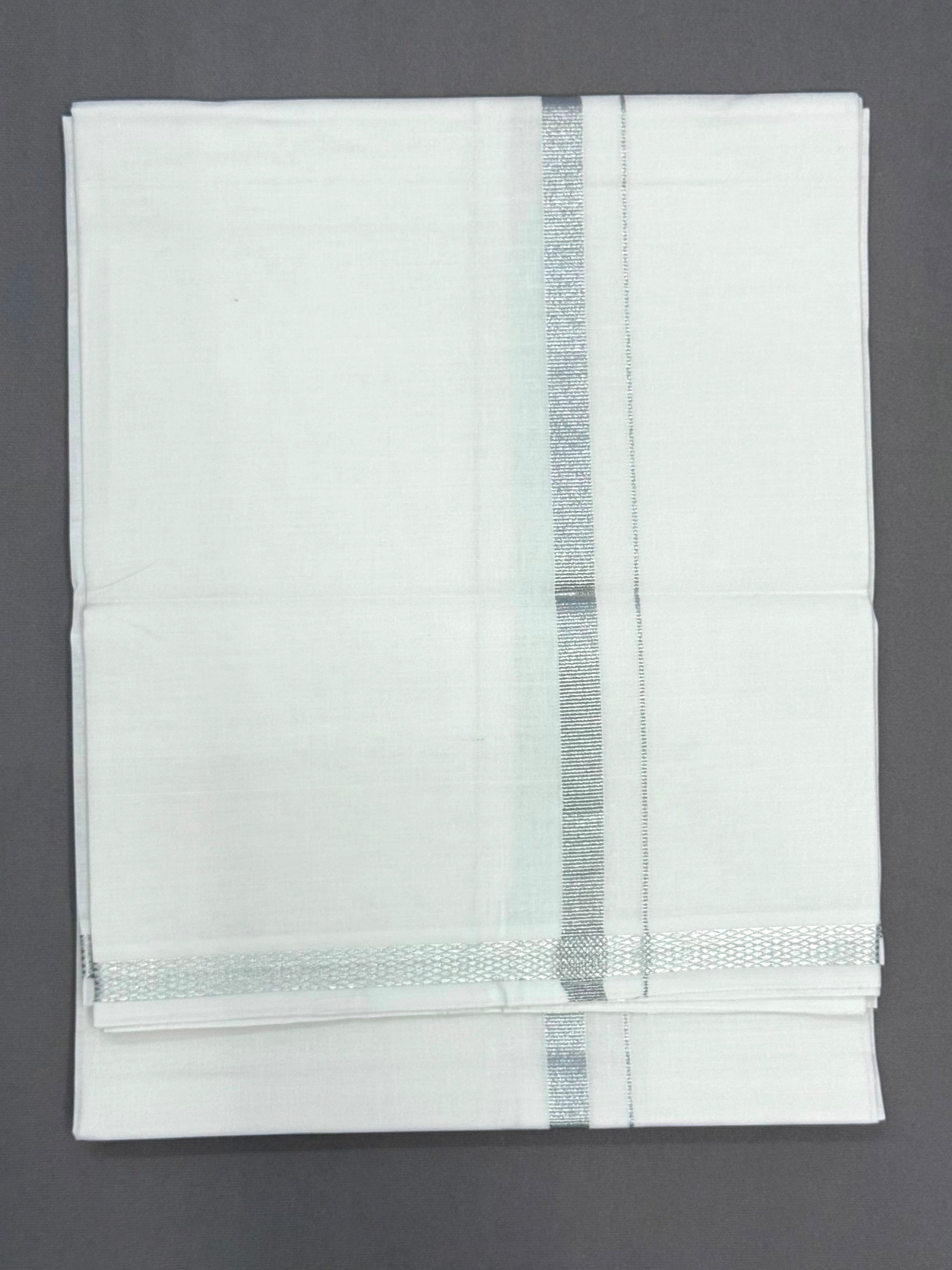 MEN'S SINGLE DHOTI WHITE WITH SILVER ZARI BORDER