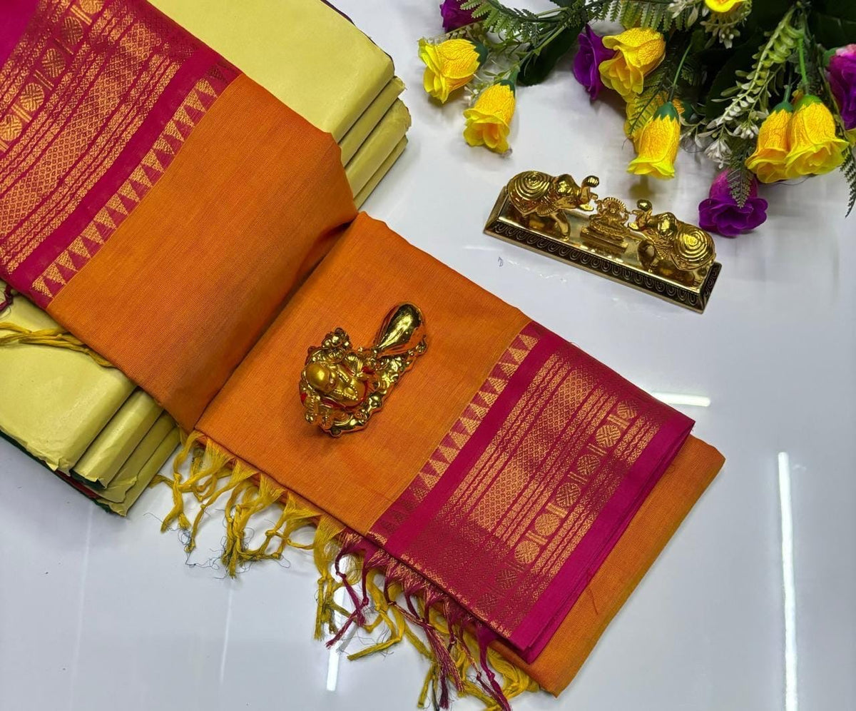 PURE KANCHI COTTON SAREES - CARROT ORANGE