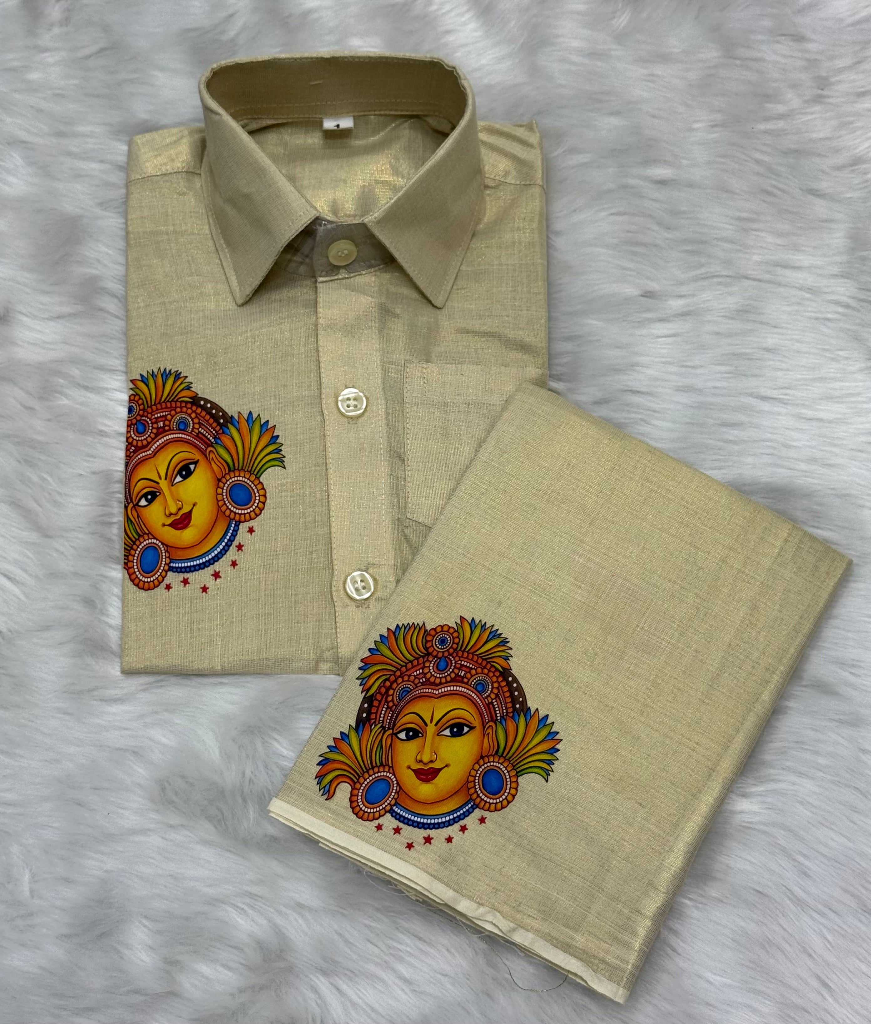 KIDS CULTURAL PRINTED VELCRO DHOTI & SHIRT COMBO SET - GOLD