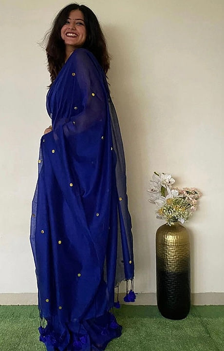 HANDLOOM PURE COTTON MIRROR WORK SAREE - ROYAL BLUE